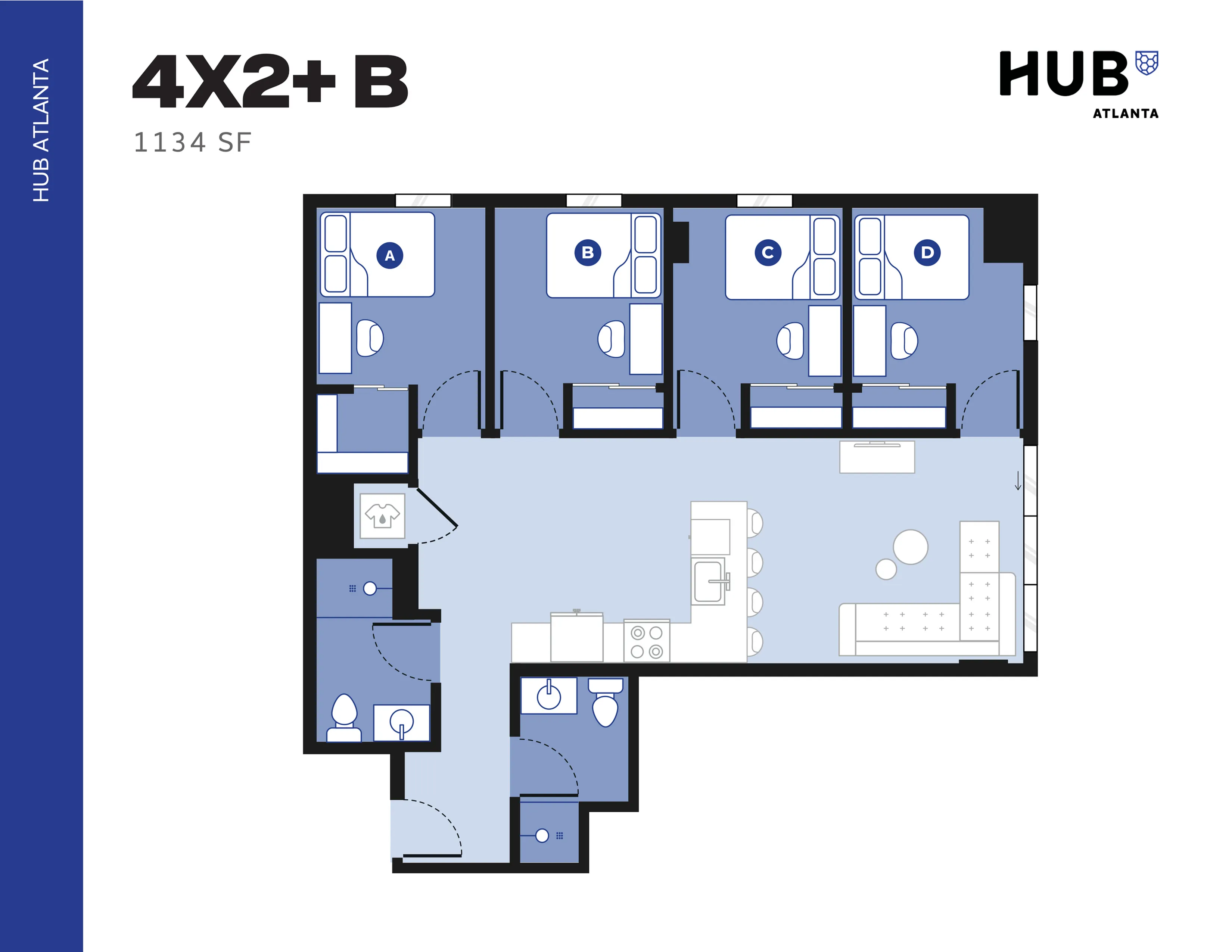 Modern HUB Atlanta floor plan showcasing 4 bedrooms, open-concept kitchen and living area, with 1134 sq ft of stylish urban living.