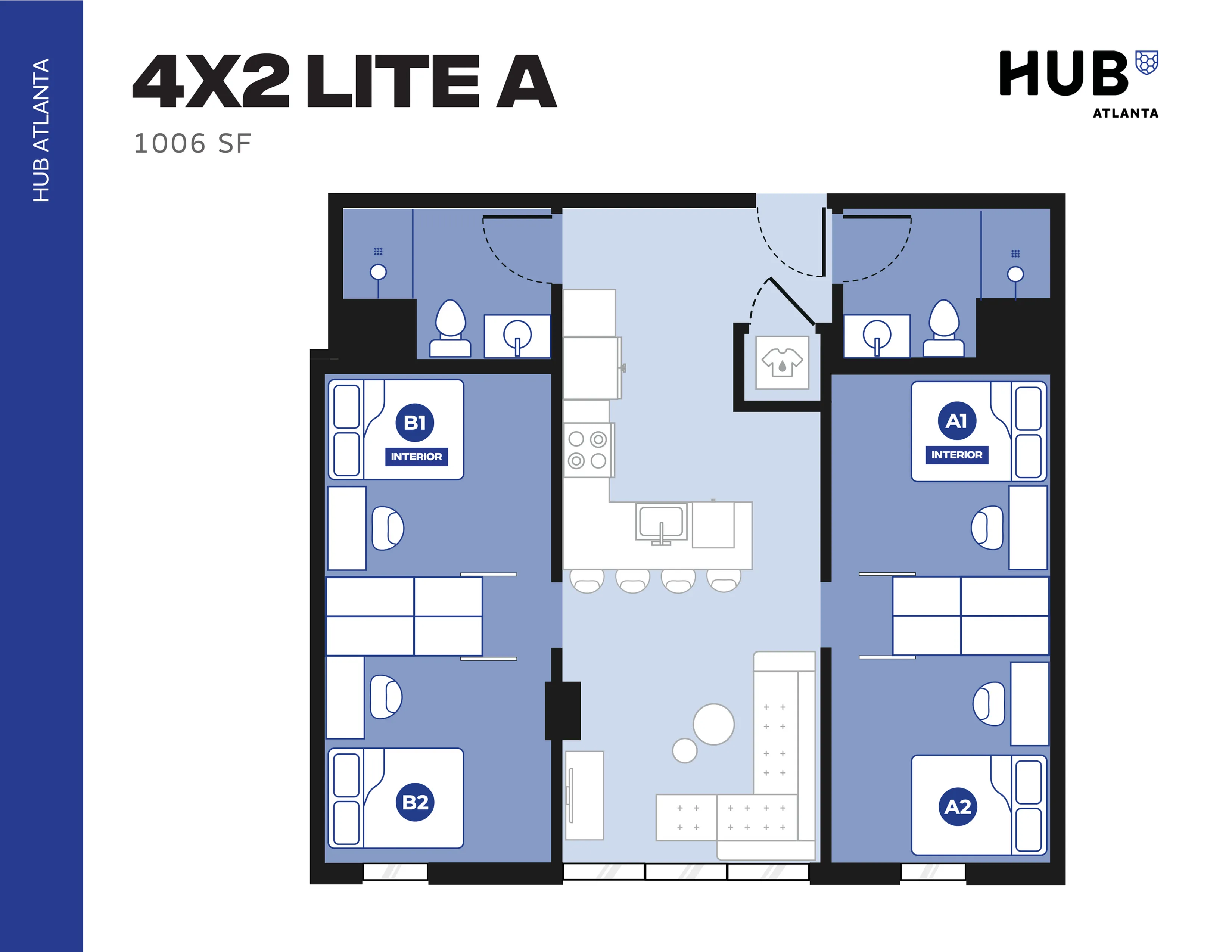 Efficient floor plan for 4X2 Lite A, featuring four cozy bedrooms, spacious living area, modern kitchen, and dual bathrooms, totaling 1006 sq ft in Hub Atlanta.