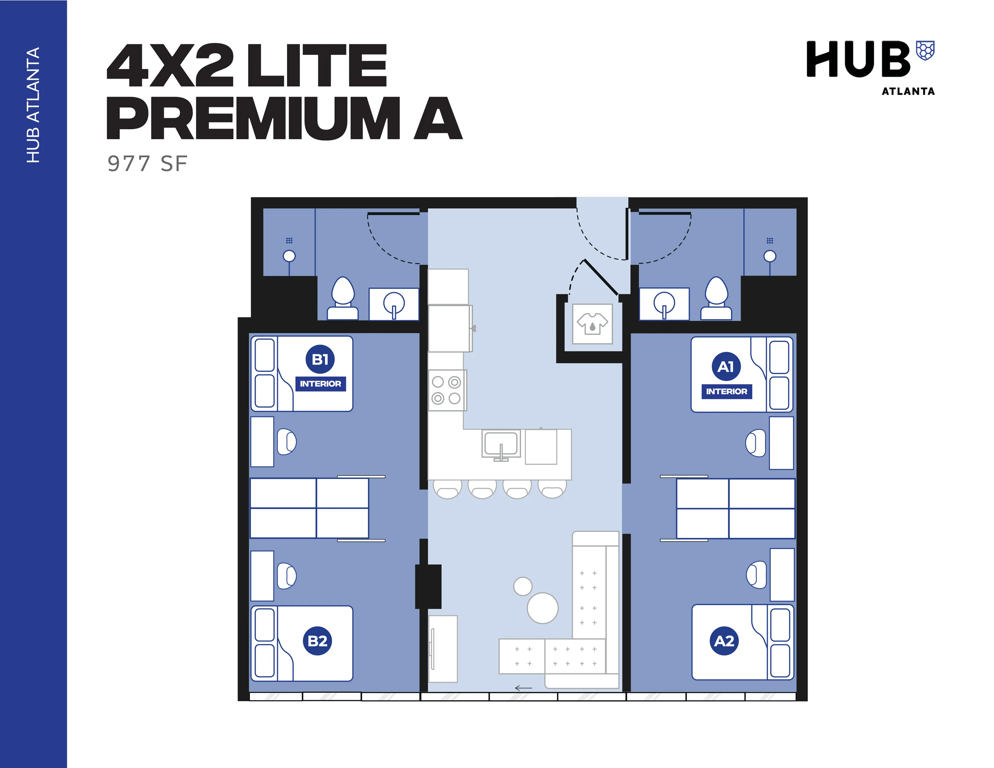 Modern floor plan for HUB Atlanta's 4x2 Lite Premium A, showcasing 977 sq ft with four bedrooms, shared living space, and a sleek kitchen.