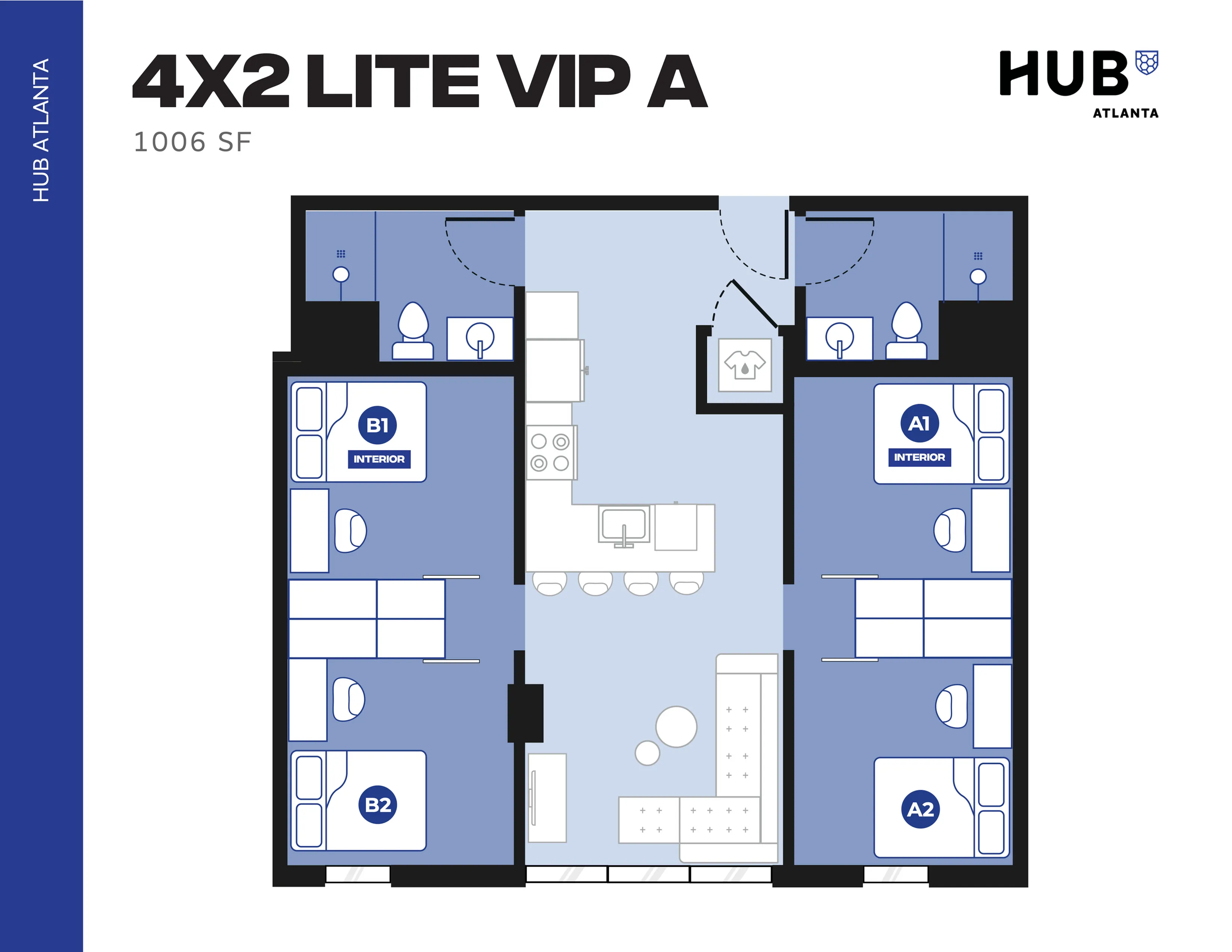 Modern 4X2 Lite VIP A floor plan with 4 bedrooms, stylish living area, kitchen, and bathrooms, 1006 sq ft in HUB Atlanta.