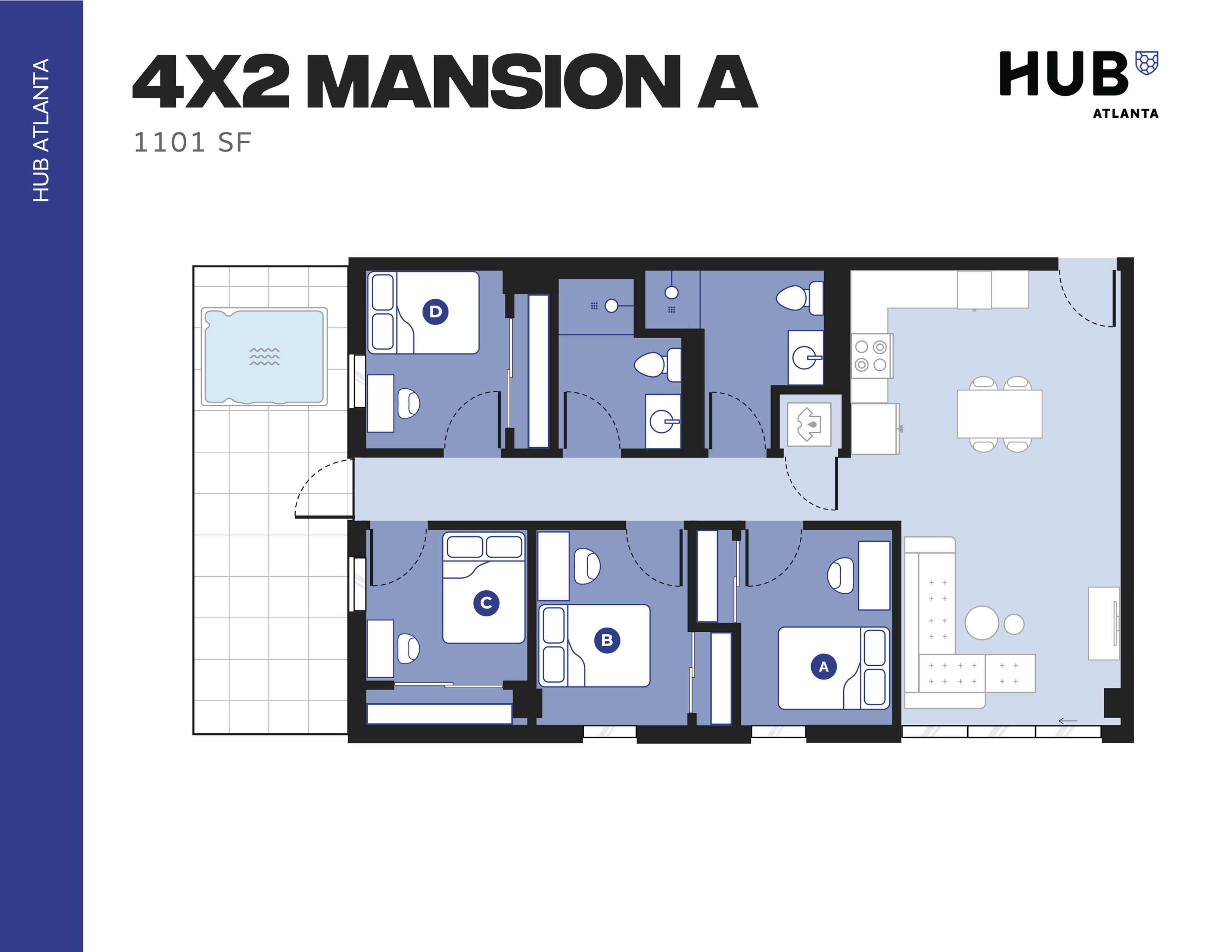 Modern 4X2 Mansion A floor plan in Hub Atlanta featuring 4 bedrooms, a spacious living area, and a kitchen, covering 1101 square feet with a cozy patio.
