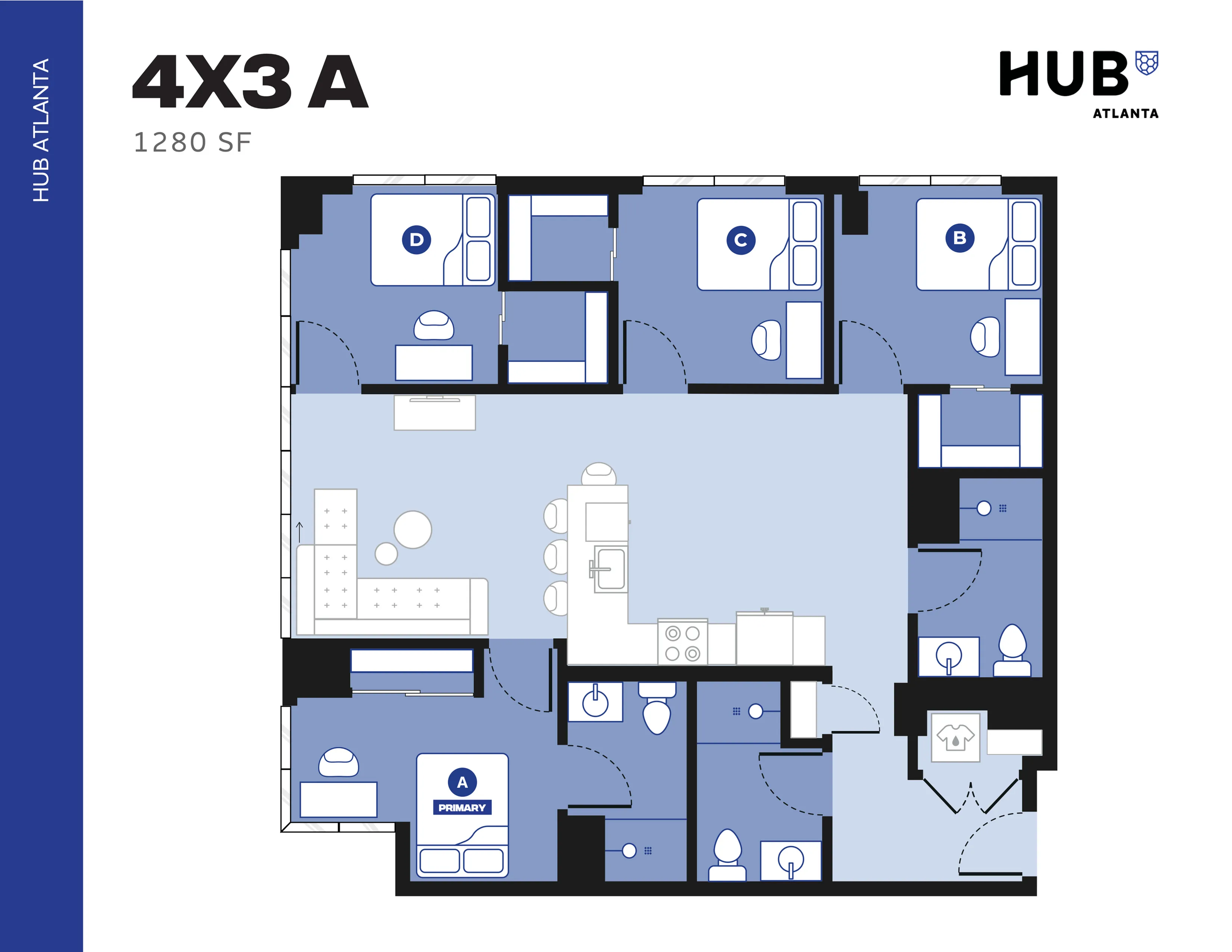 Modern 4X3A floor plan at HUB Atlanta with 4 bedrooms, expansive living area, and sleek kitchen, 1280 sq ft.