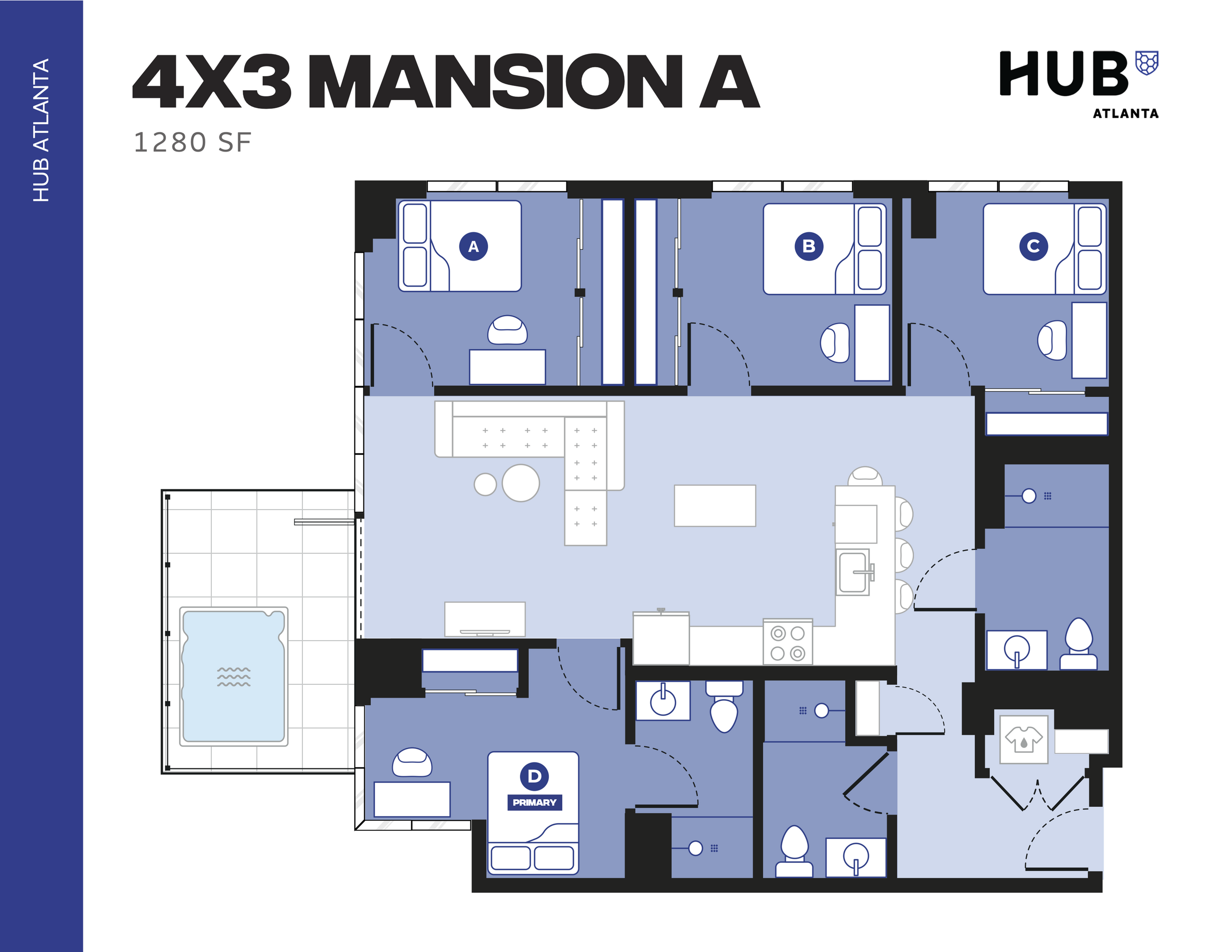 Elegant 4-bedroom floor plan at HUB Atlanta featuring spacious rooms, modern kitchen, and a cozy living area.