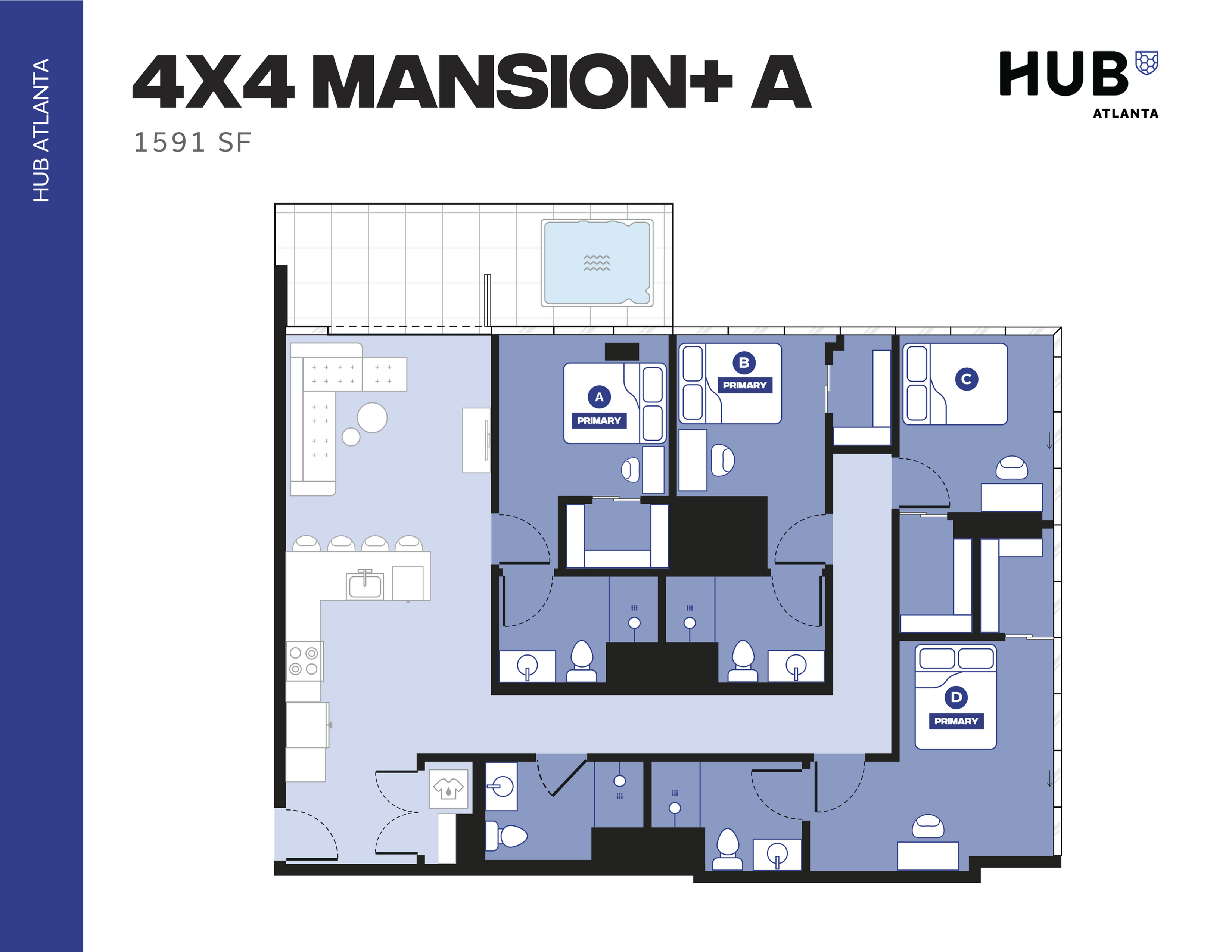 Spacious 4x4 Mansion+ floor plan with a luxurious design featuring four primary bedrooms, large open kitchen and living area, and 1591 sq ft of elegant living space at HUB Atlanta.
