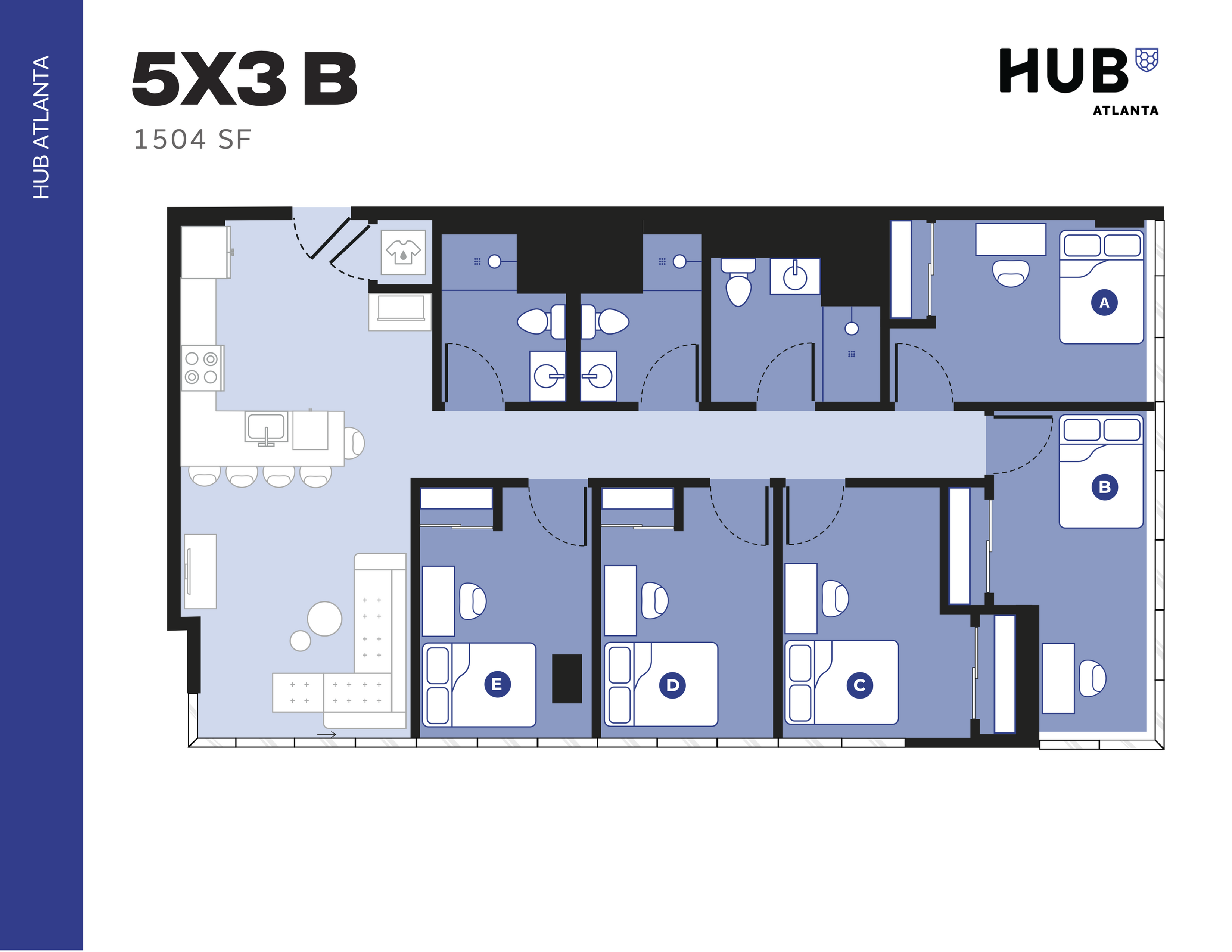 Modern 5-bedroom, 3-bathroom floor plan with an open kitchen and cozy living area, 1504 sq ft, ideal for comfort and style.