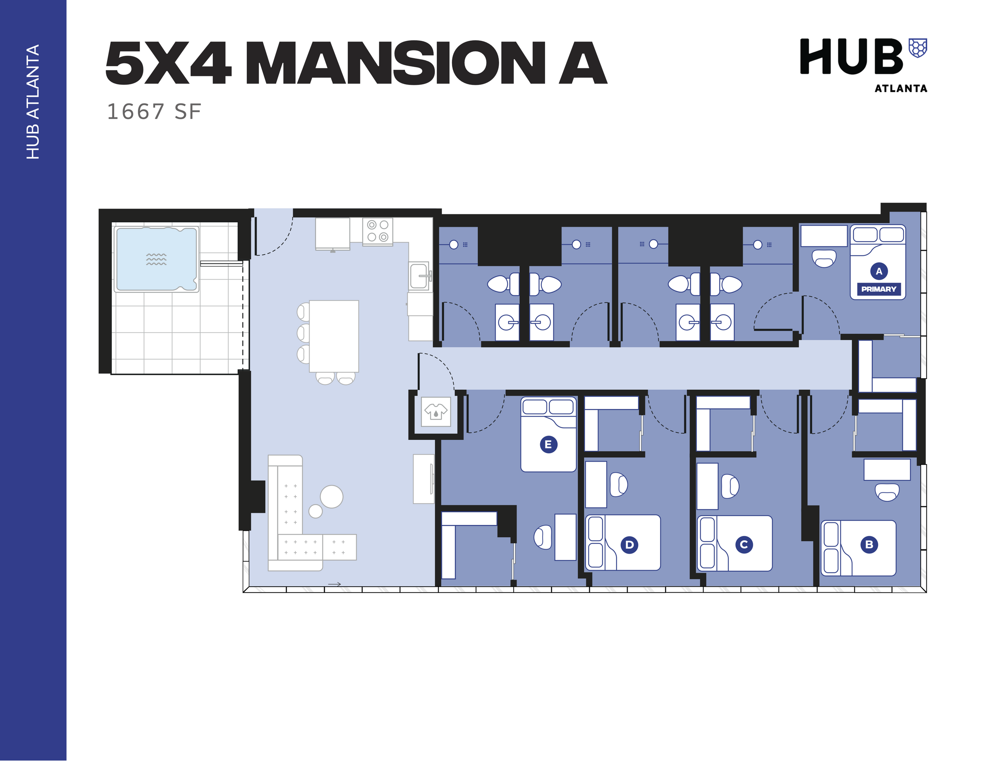 Expansive 5X4 Mansion A floor plan with 5 bedrooms, a spacious living area, modern kitchen, and private balcony in Atlanta, covering 1667 sq ft.