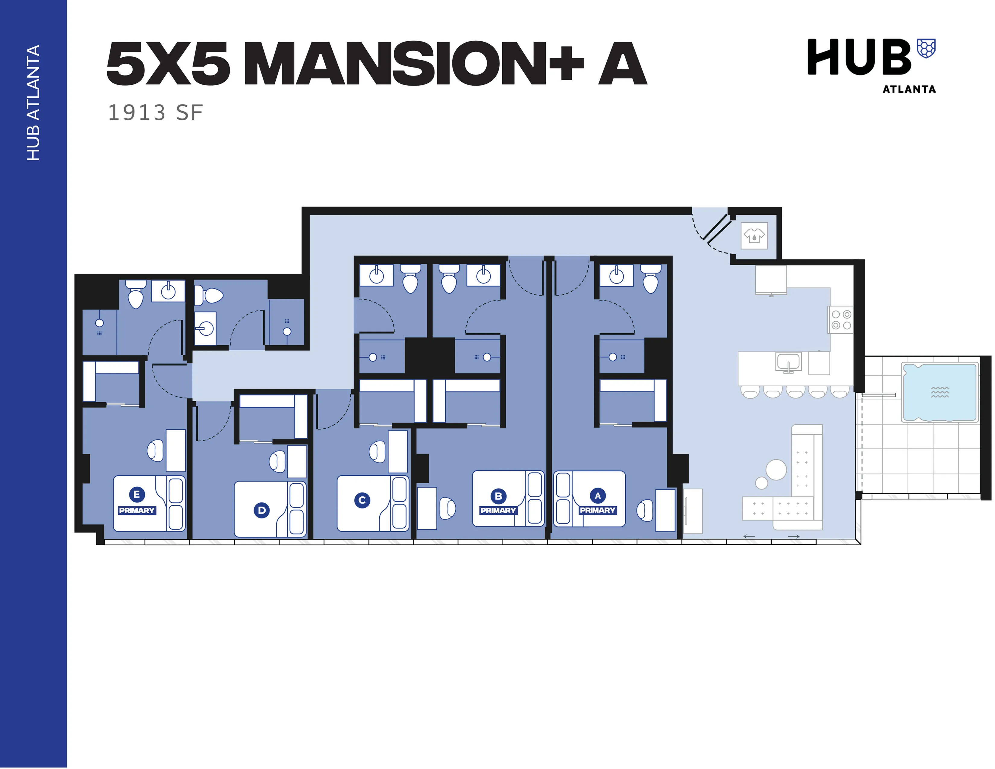 Spacious 5x5 Mansion+ A floor plan with five bedrooms, five bathrooms, an open kitchen, and a cozy living area at HUB Atlanta, totaling 1913 square feet.