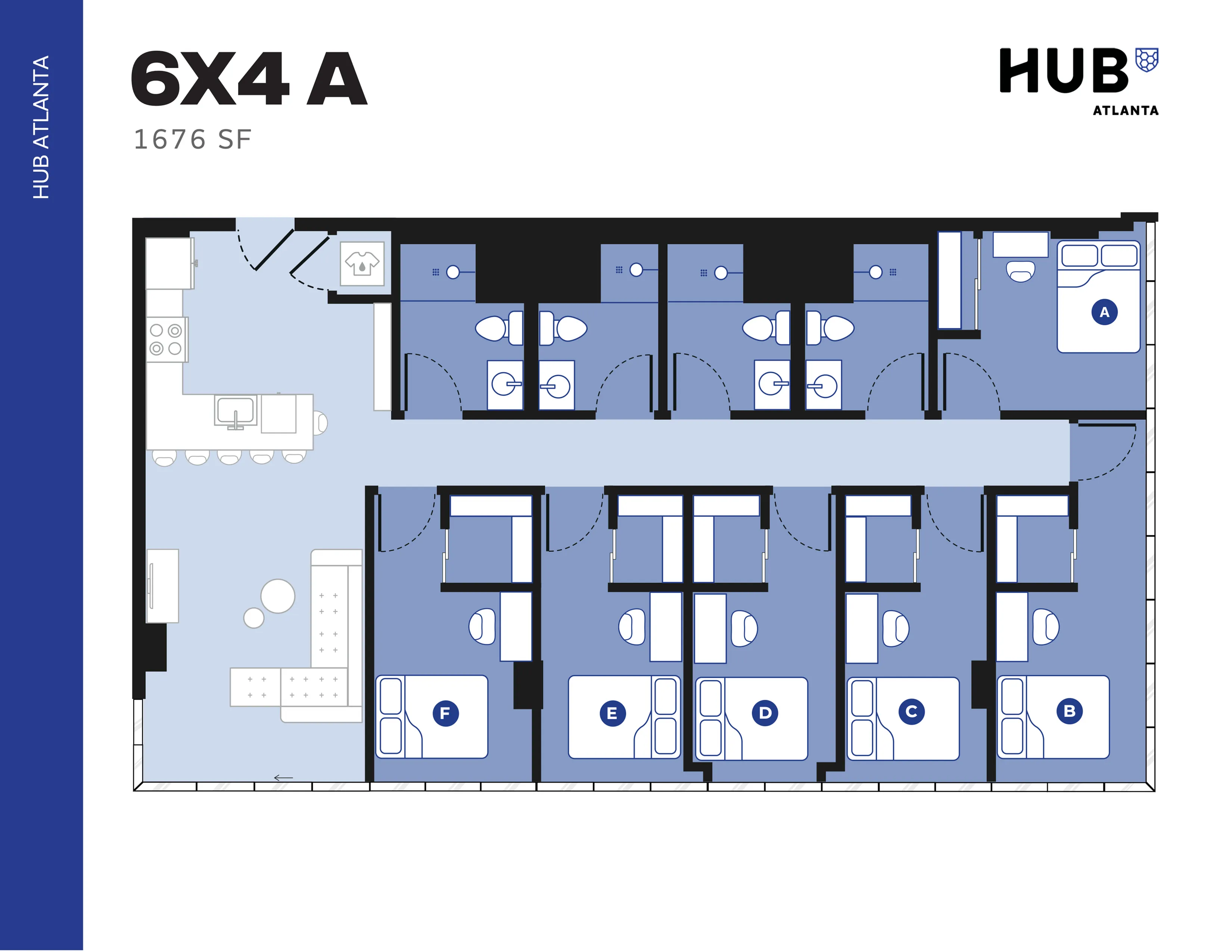 Spacious 6-bedroom floor plan highlighting a modern kitchen and multiple bathrooms, designed for comfortable living in Atlanta, 1676 sq ft.
