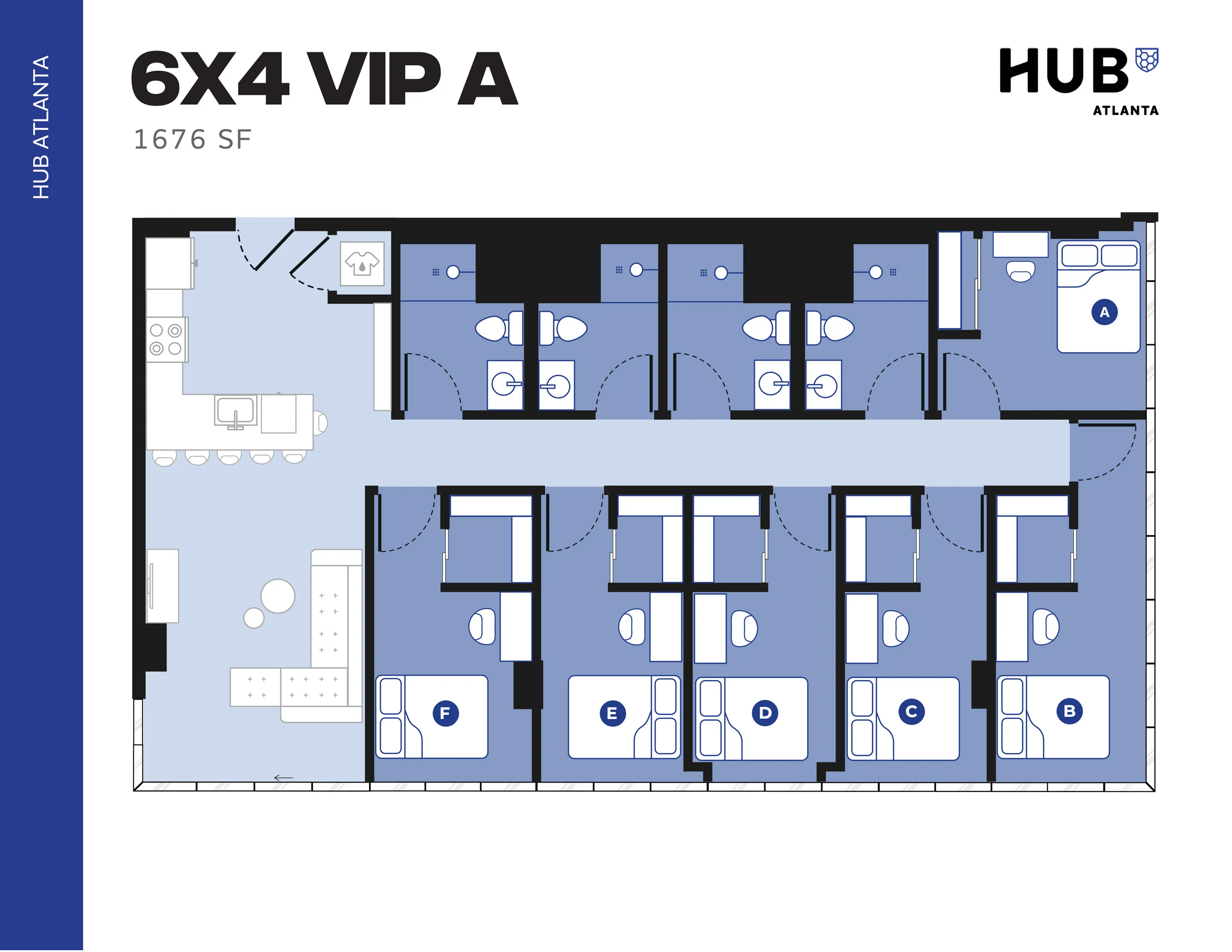 Elegant VIP A floor plan featuring 6 bedrooms, 4 bathrooms, a modern kitchen, and a spacious living area at Hub Atlanta, encompassing 1676 sq ft.