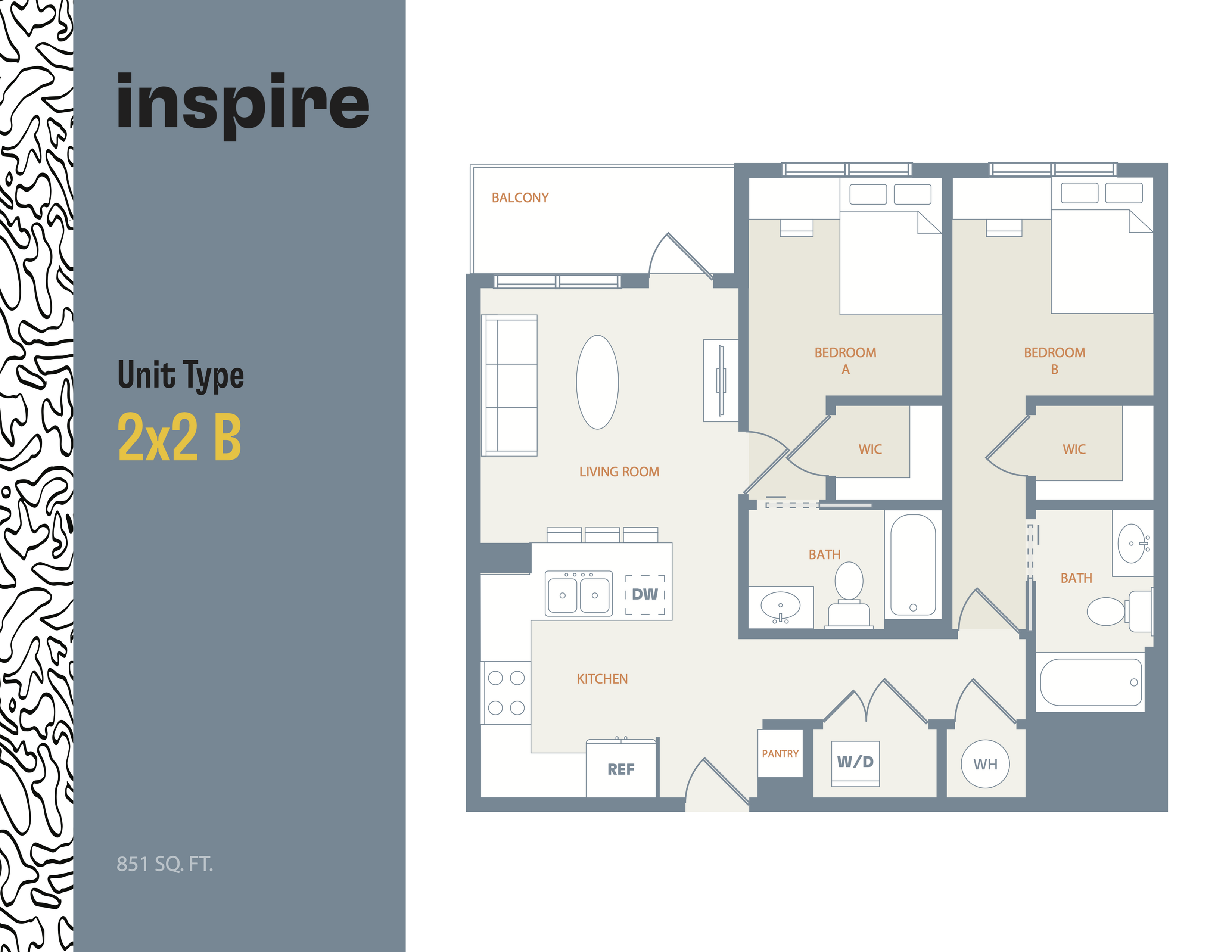 Modern 2x2 B floor plan with 2 bedrooms, stylish living room, ample kitchen, balcony, and 851 sq. ft. of space.