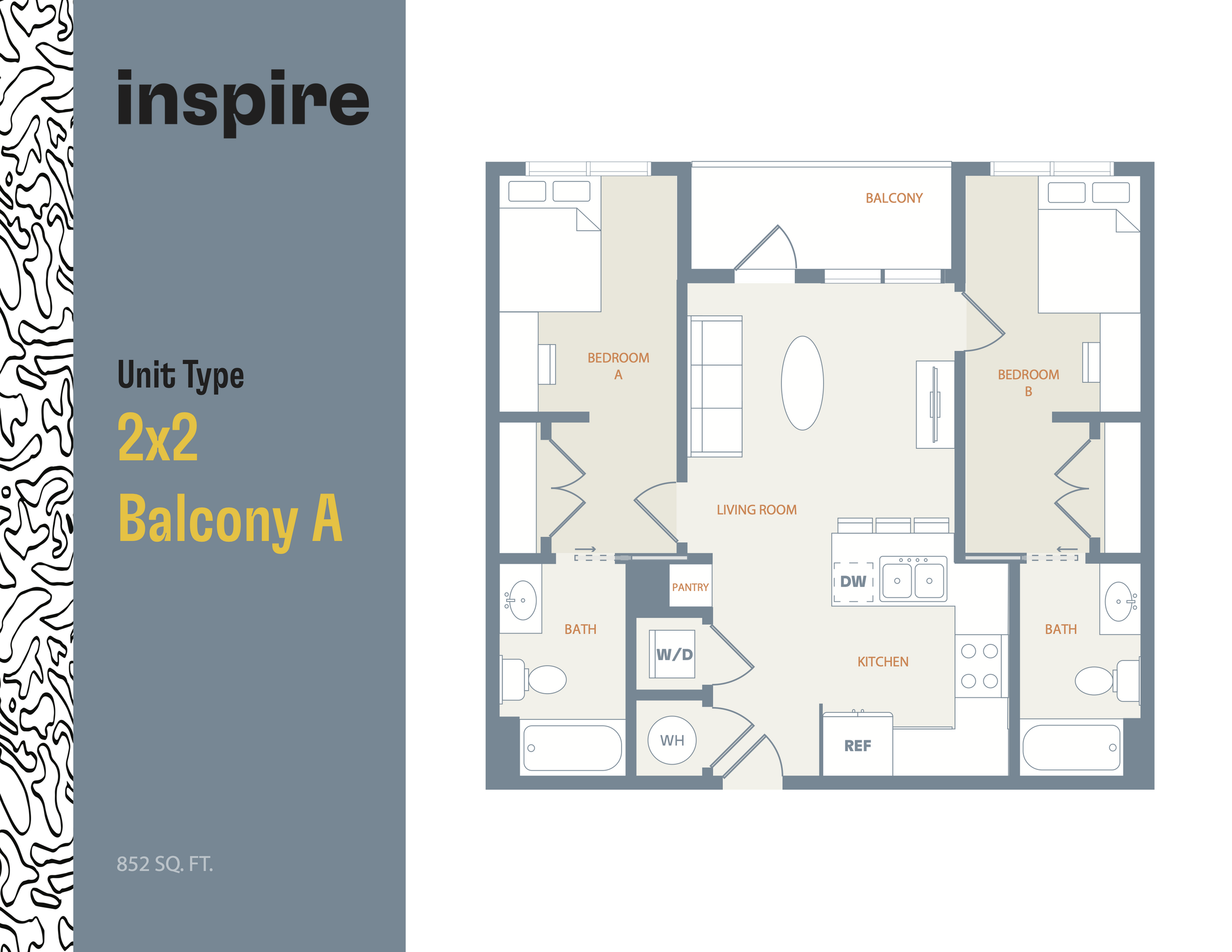Inspire apartment floor plan featuring 2 bedrooms, 2 baths, open living area with balcony access, modern kitchen, and ample storage, 852 sq ft.