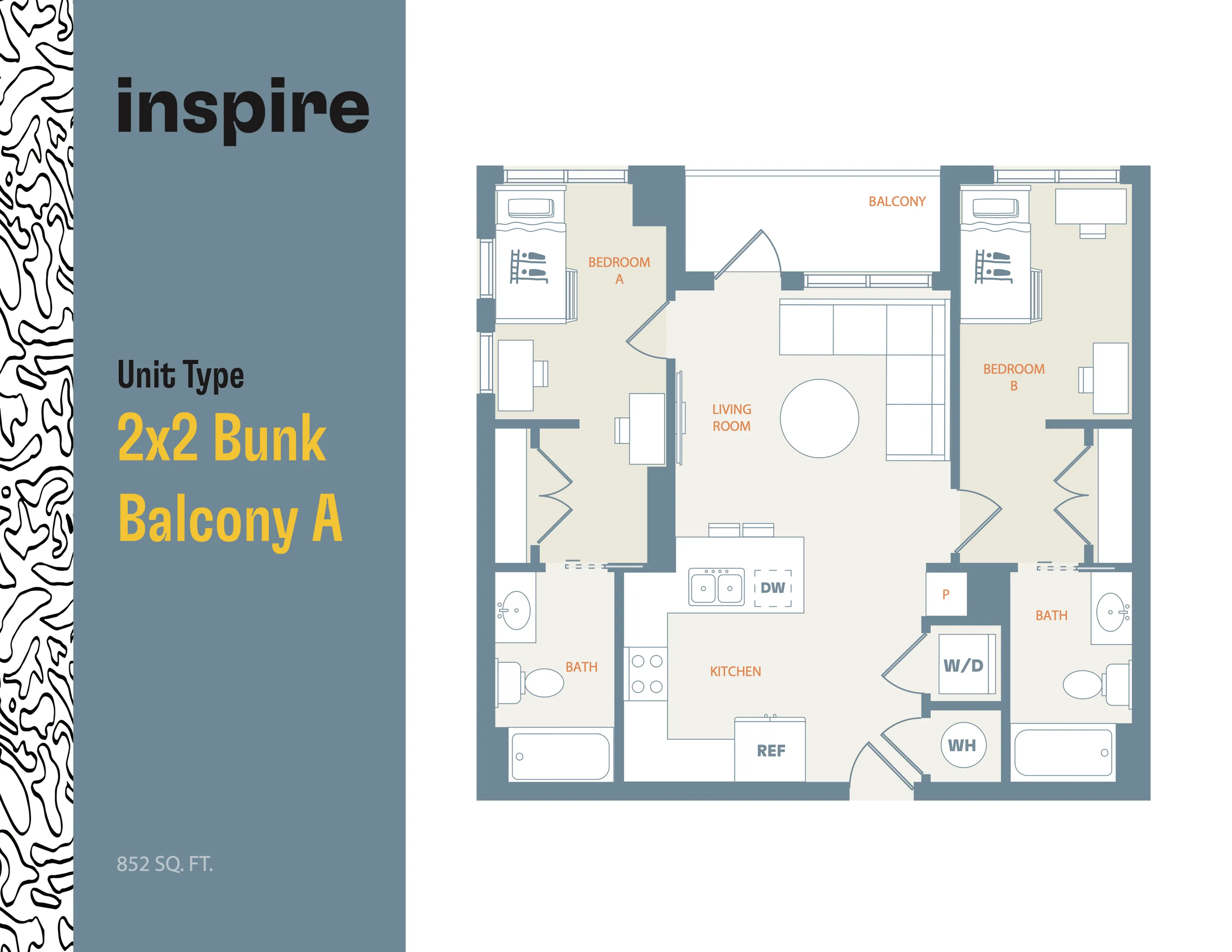 Modern floor plan for a 2x2 Bunk Balcony A unit, featuring 2 bedrooms, an open living room, and a stylish kitchen, with a balcony. Total area is 852 sq. ft.
