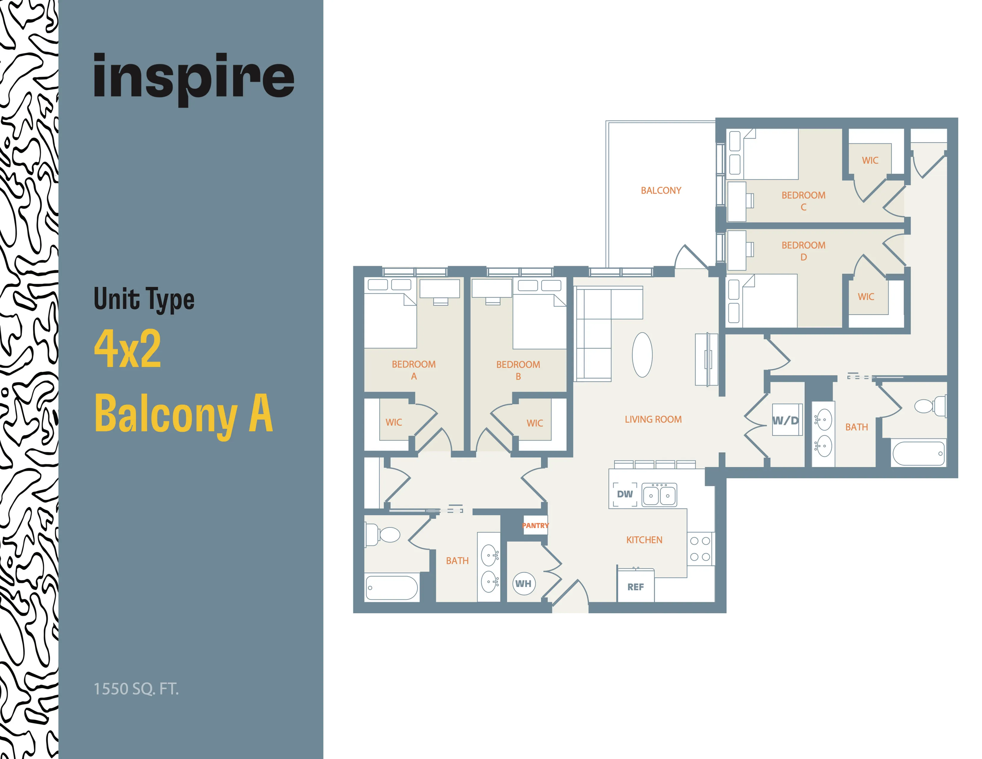 Elegant floor plan of unit type 4x2 Balcony A, showcasing 4 bedrooms, spacious living room, modern kitchen, two bathrooms, and a balcony in 1550 sq. ft.