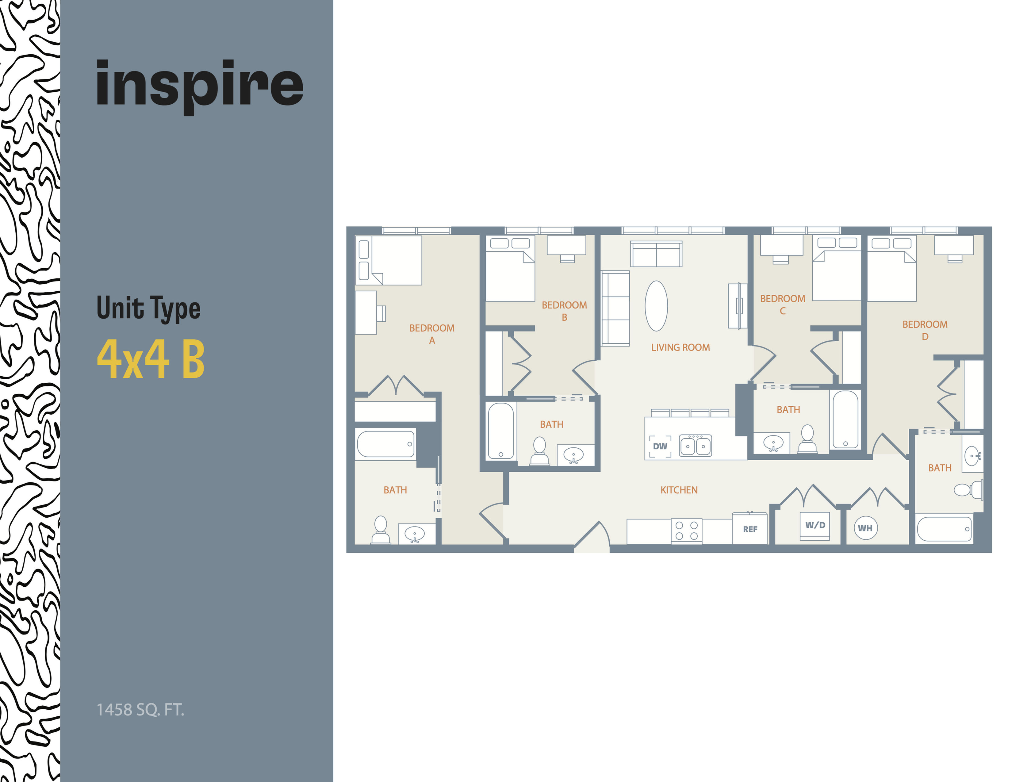 Inspire floor plan for Unit Type 4x4 B, showcasing four bedrooms, three bathrooms, a spacious living room, and a modern kitchen layout in 1458 sq. ft. Innovative and efficient home design.