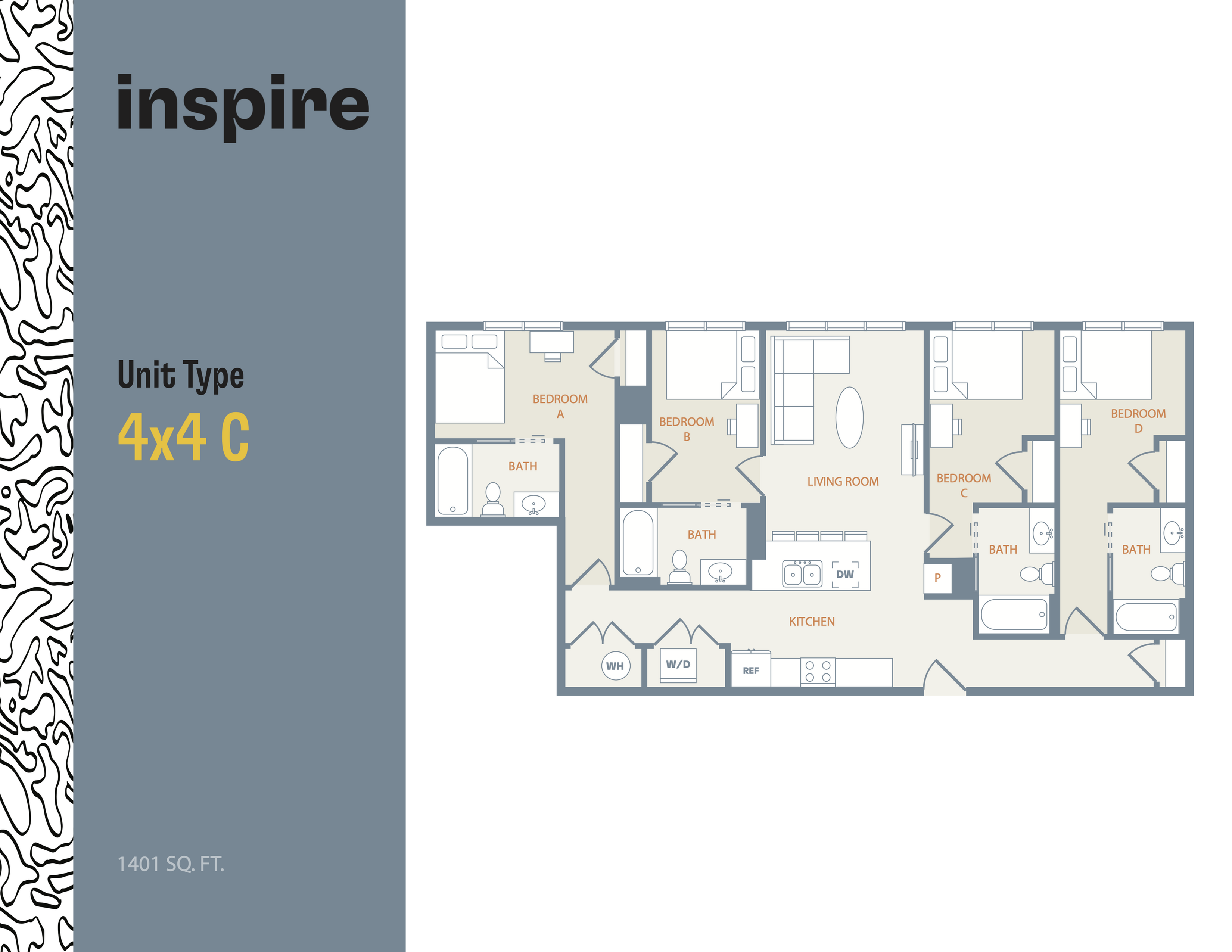 Inspire floor plan for Unit Type 4x4 C, featuring 4 spacious bedrooms, an inviting living room, and a modern kitchen within 1401 sq. ft.