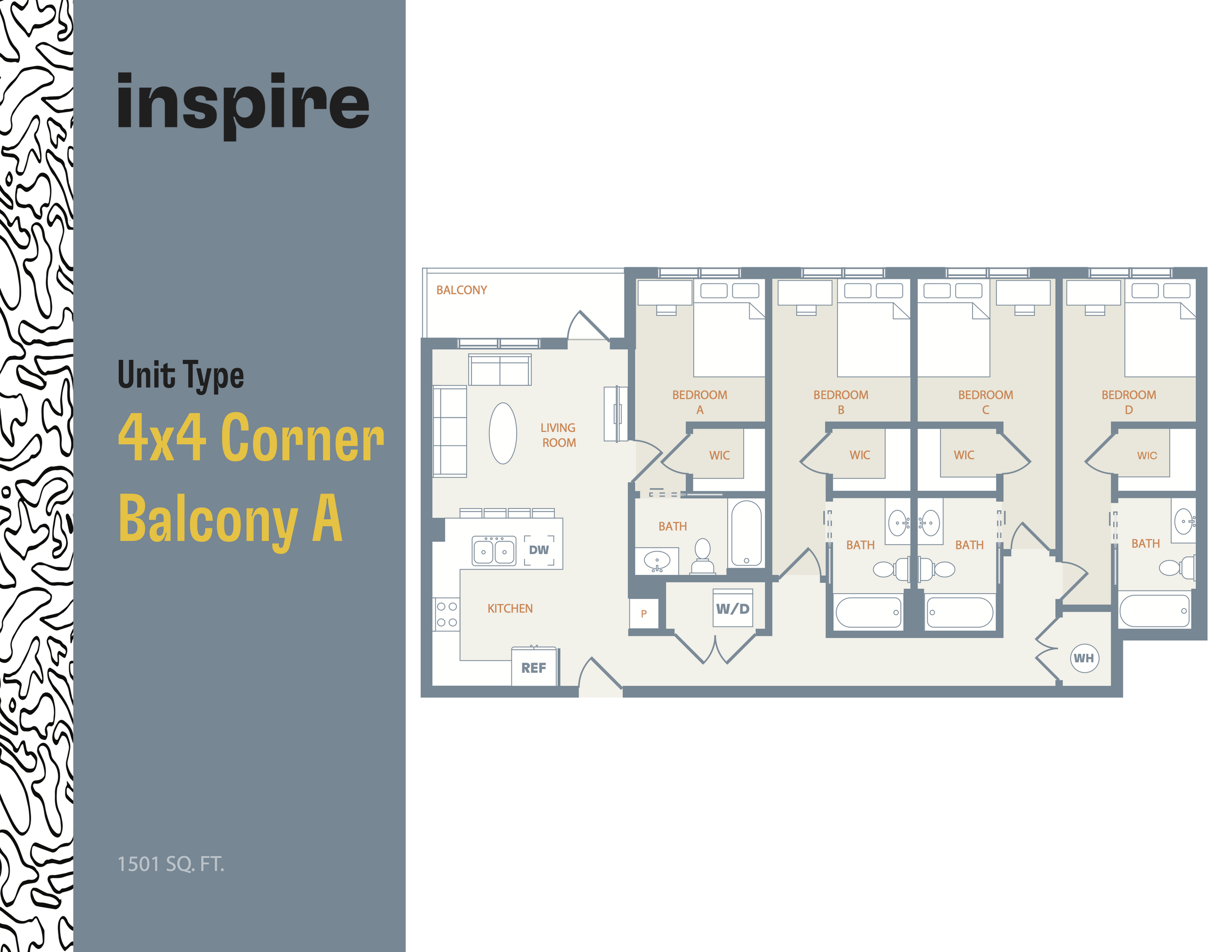 Inspire's 4x4 Corner Balcony A floor plan showcases a spacious 1501 sq ft layout with four bedrooms, each featuring a walk-in closet. Includes a modern kitchen, expansive living room, and three baths, perfect for stylish urban living.