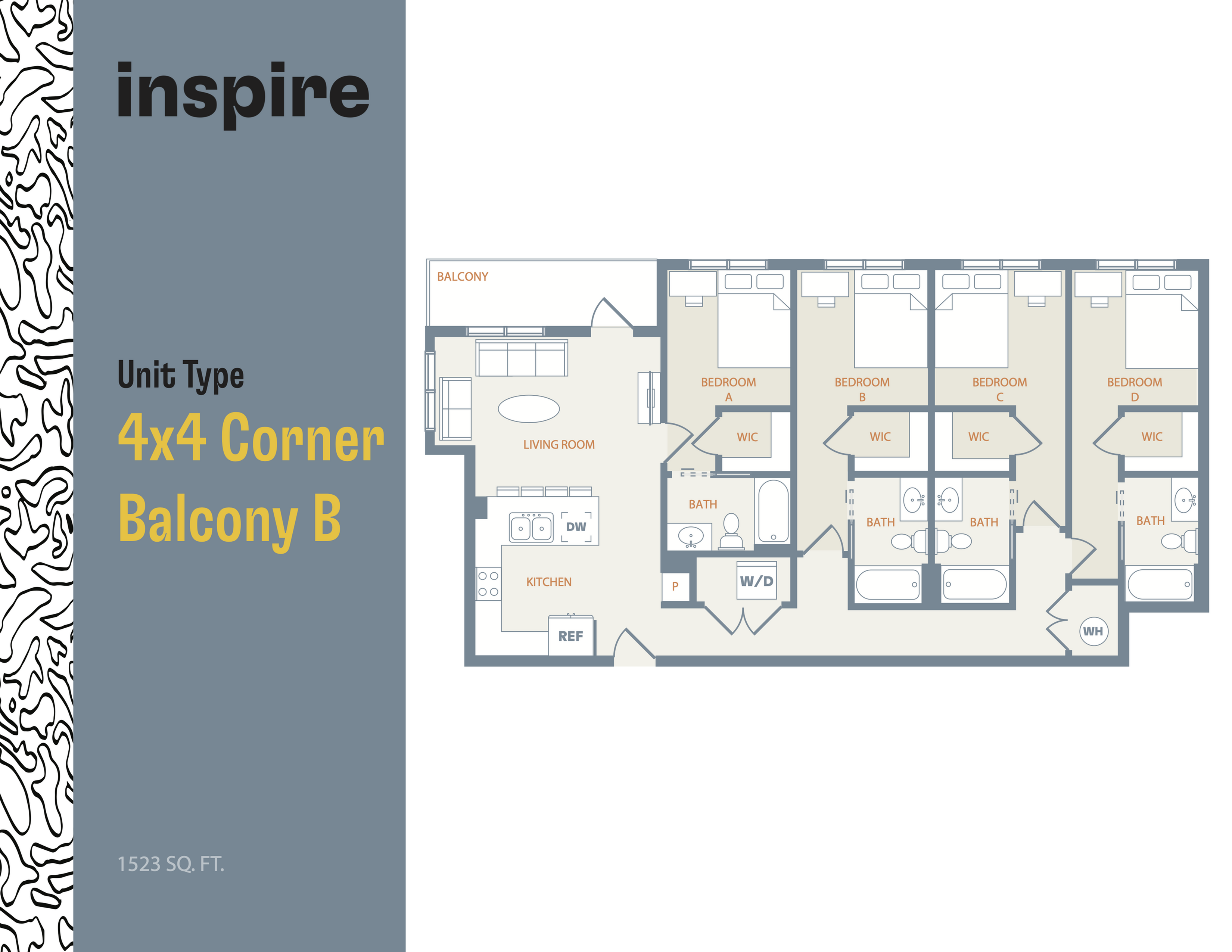 Modern 4x4 Corner Balcony B floor plan, featuring four spacious bedrooms, an open kitchen, living room, and balcony, perfect for stylish living.