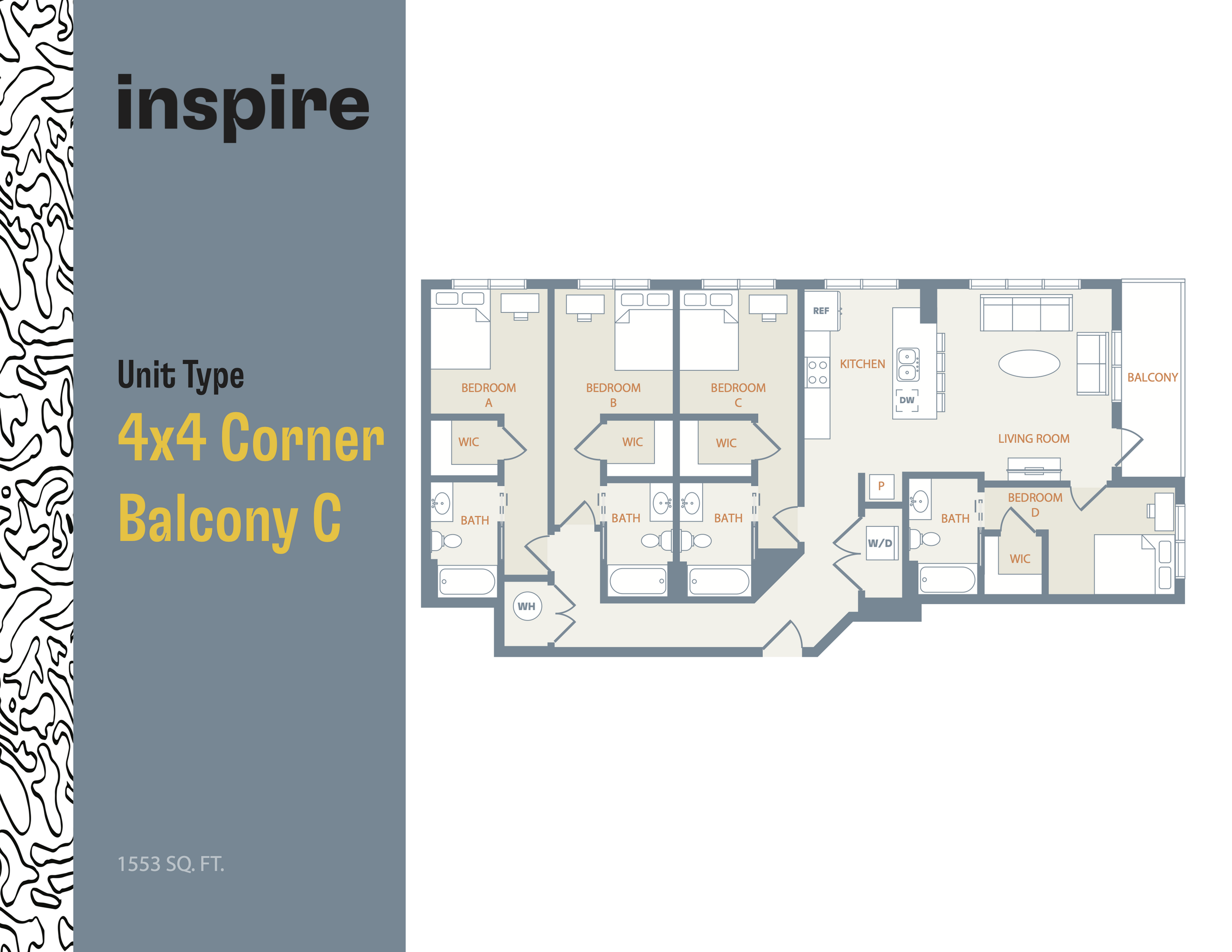 Modern 4x4 Corner Balcony C floor plan featuring four bedrooms with walk-in closets, spacious living area with balcony, and a sleek kitchen, spanning 1553 sq. ft.
