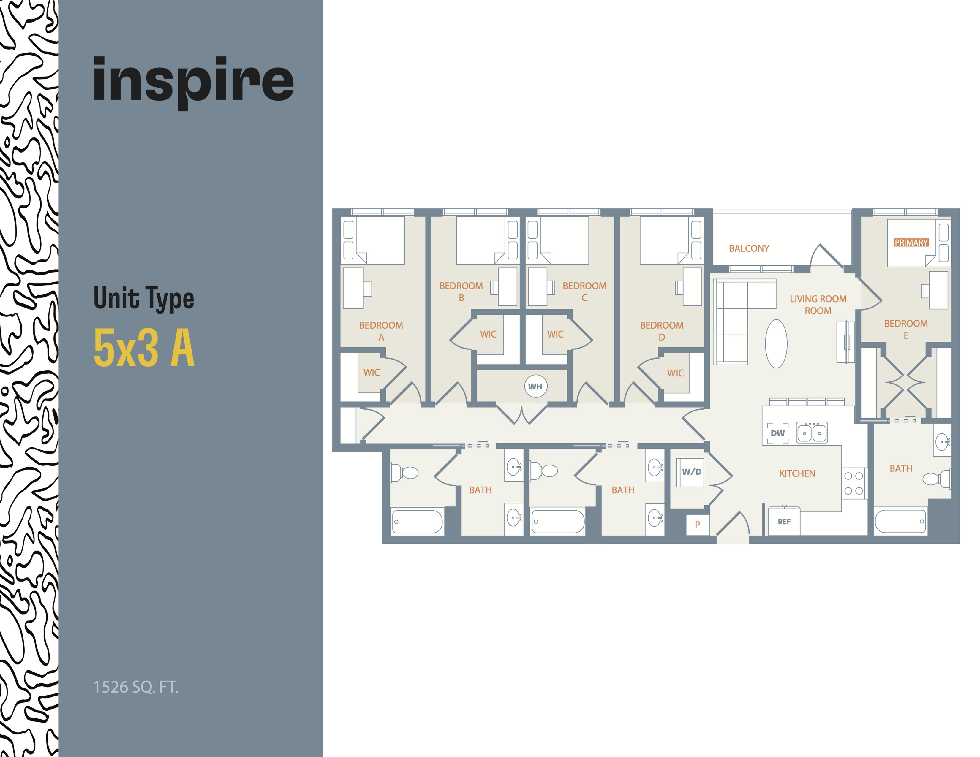 Inspire unit 5x3 A floor plan with five spacious bedrooms, modern kitchen, inviting living room, and balcony, covering 1526 sq. ft.