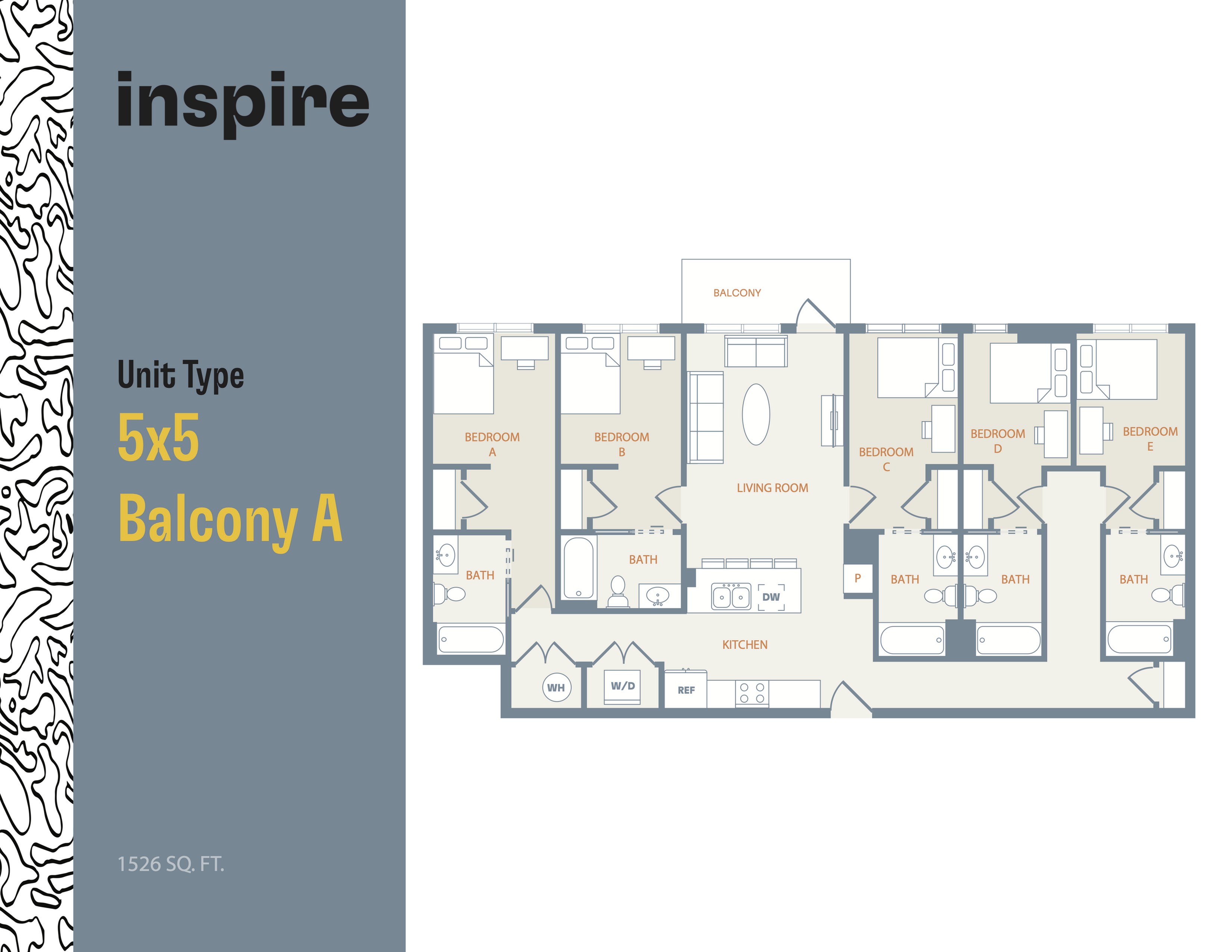 Inspire's 5x5 Balcony A floor plan showcases five bedrooms, a spacious living room, and a modern kitchen, all spread across 1526 sq ft, with a delightful balcony addition.