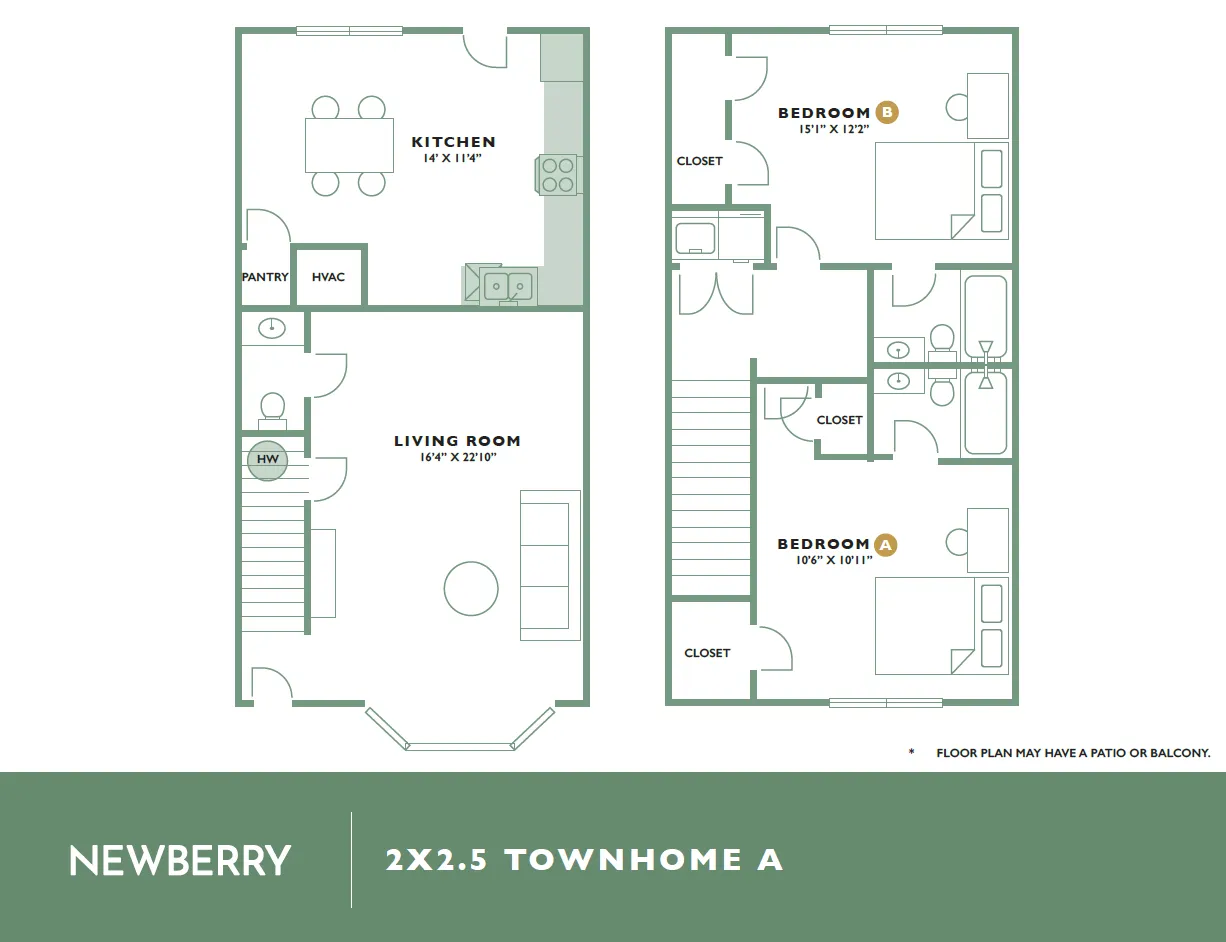 Chic 2x2.5 townhome floor plan 'Newberry' with spacious living room, modern kitchen, and two cozy bedrooms, ideal for stylish living.