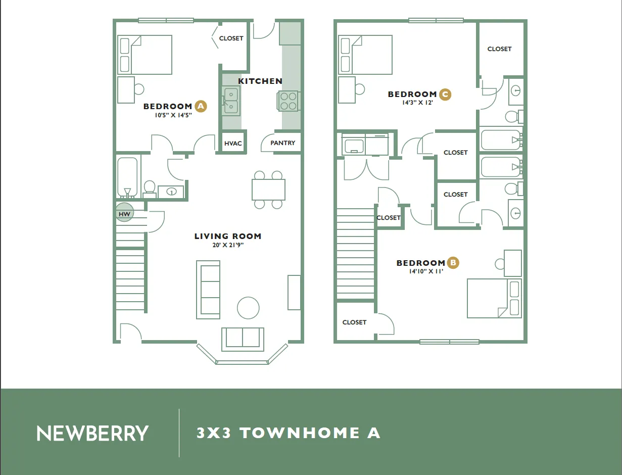 Newberry 3x3 Townhome A floor plan highlighting three bedrooms, spacious living room, modern kitchen, and ample closet space.