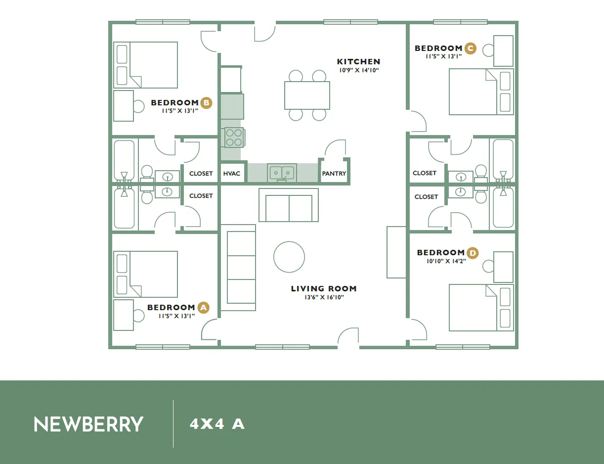 Charming Newberry 4x4 A floor plan showcasing four spacious bedrooms, open-concept living room, and modern kitchen, ideal for family living.
