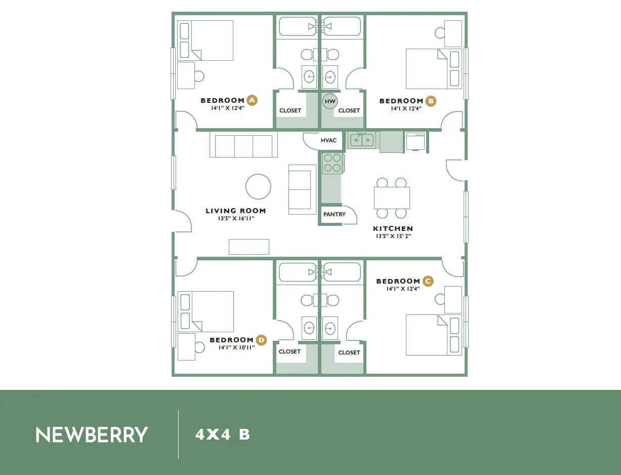 Modern 4x4 B Newberry floor plan showcasing 4 spacious bedrooms, a stylish living room, and a contemporary kitchen with pantry.