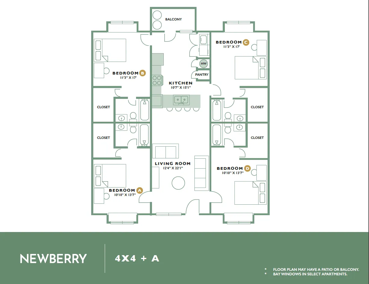 Newberry 4x4 + A floor plan with four spacious bedrooms, modern kitchen, open living room, and a private balcony.