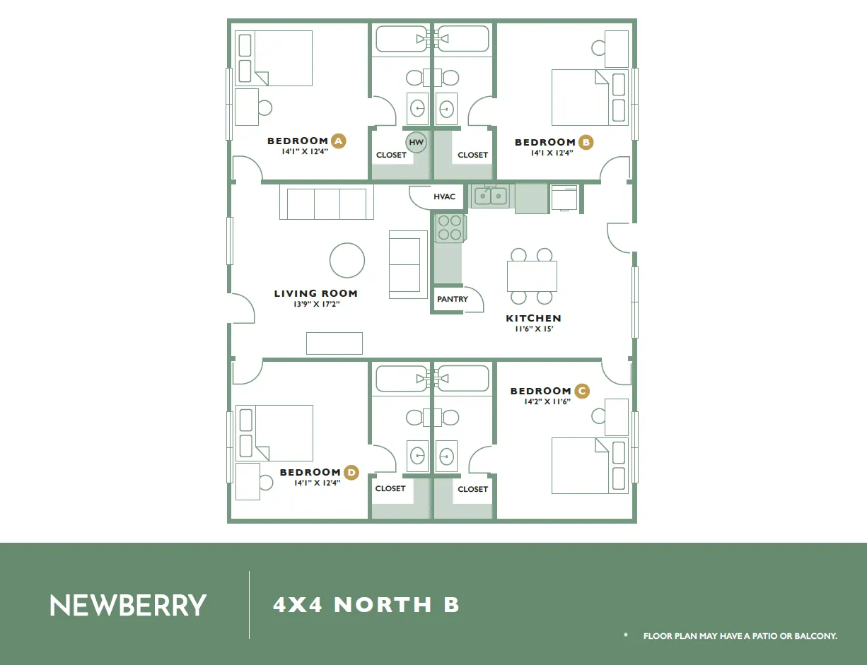 Chic Newberry 4x4 North B floor plan showcasing four bedrooms, a spacious living room, a modern kitchen, and privacy-focused layout, with potential patio or balcony.