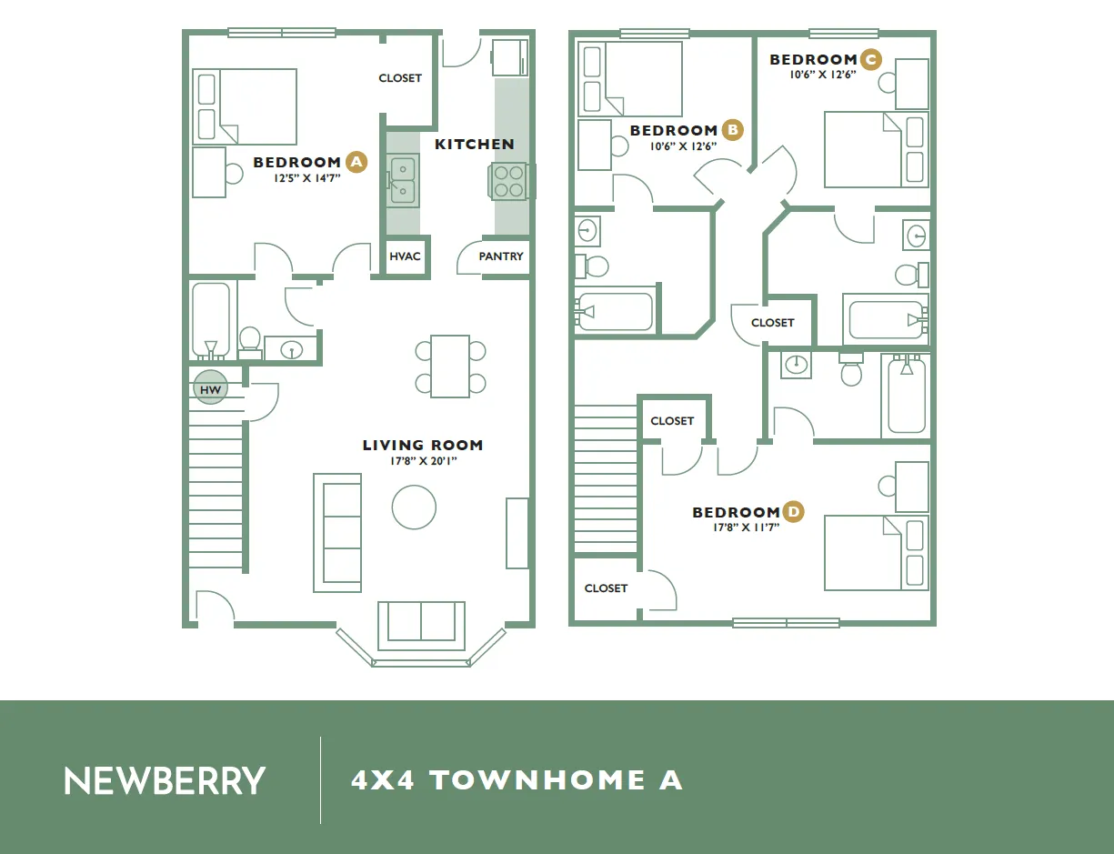 Newberry 4x4 Townhome A floor plan with 4 spacious bedrooms, an expansive living room, modern kitchen, and multiple closets, perfect for comfortable living.