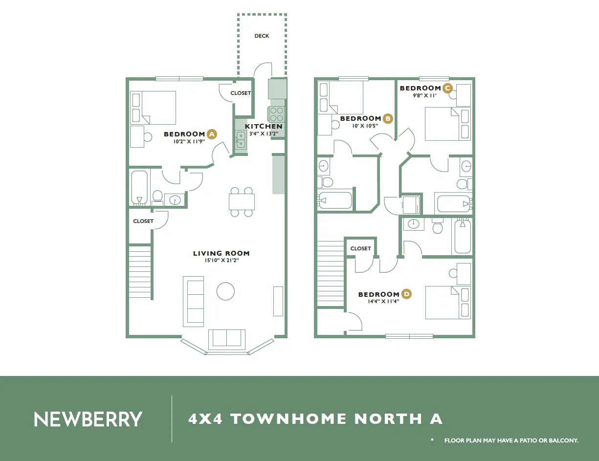 Newberry 4x4 Townhome featuring an elegant floor plan with four bedrooms, a spacious living area, modern kitchen, and a cozy deck, perfect for comfortable living.