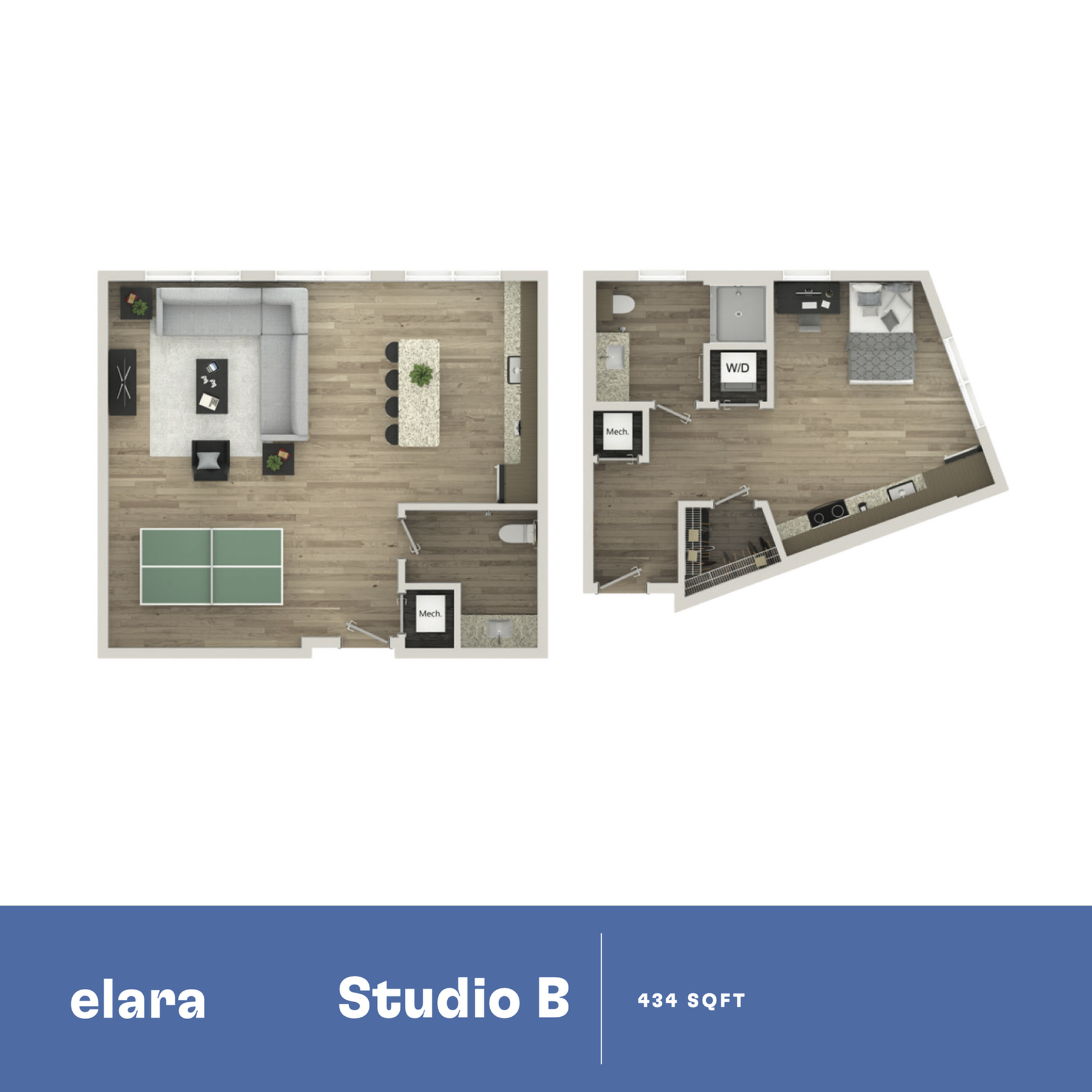 Modern Studio B floor plan with open-concept living area, sleek kitchen, and cozy bedroom over 434 sq ft.