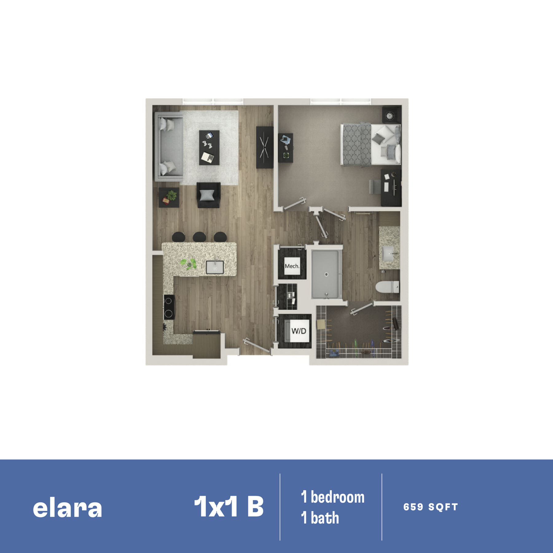 Elara 1x1 B floor plan showcasing a modern 1 bedroom, 1 bath layout with 659 sq ft, featuring an open-concept living area and stylish kitchen.