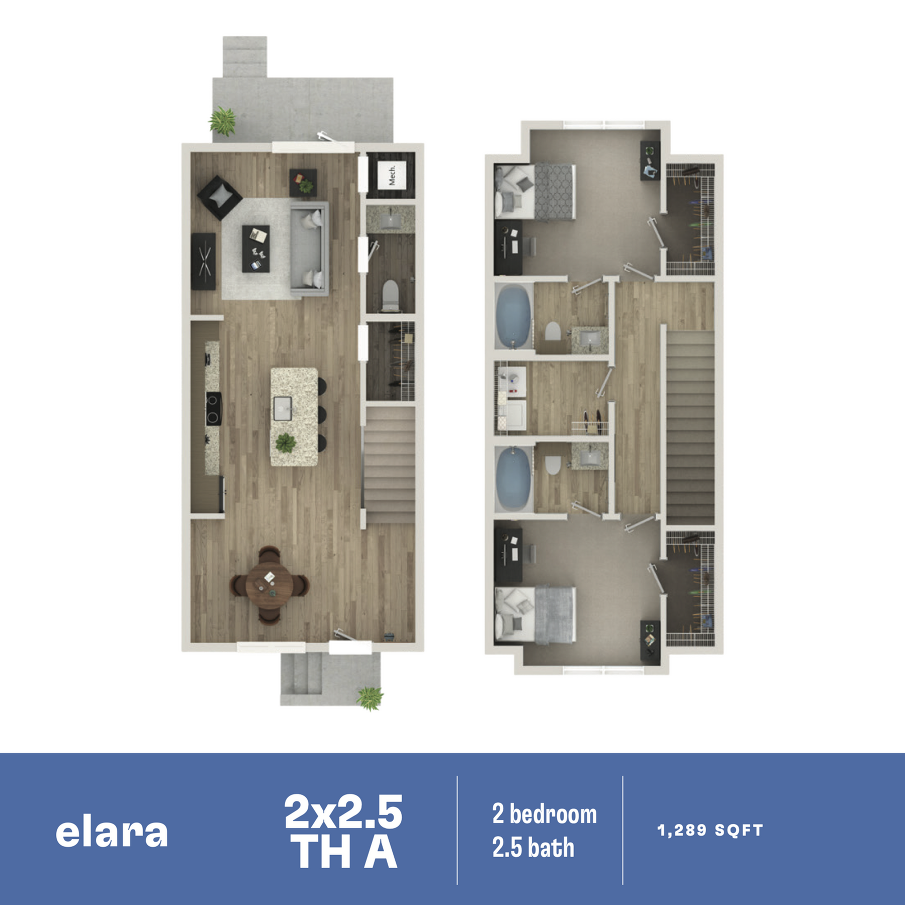 Modern townhouse floor plan showcasing 2 bedrooms, 2.5 baths, with an elegant open-concept kitchen and living area, spread across 1,289 sq ft.