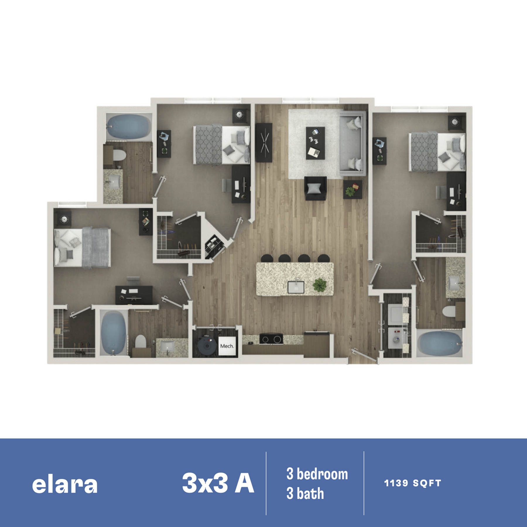 Contemporary floor plan of Elara 3x3 A featuring 3 bedrooms, 3 baths, open-concept living space, and stylish kitchen, spanning 1139 sq ft.