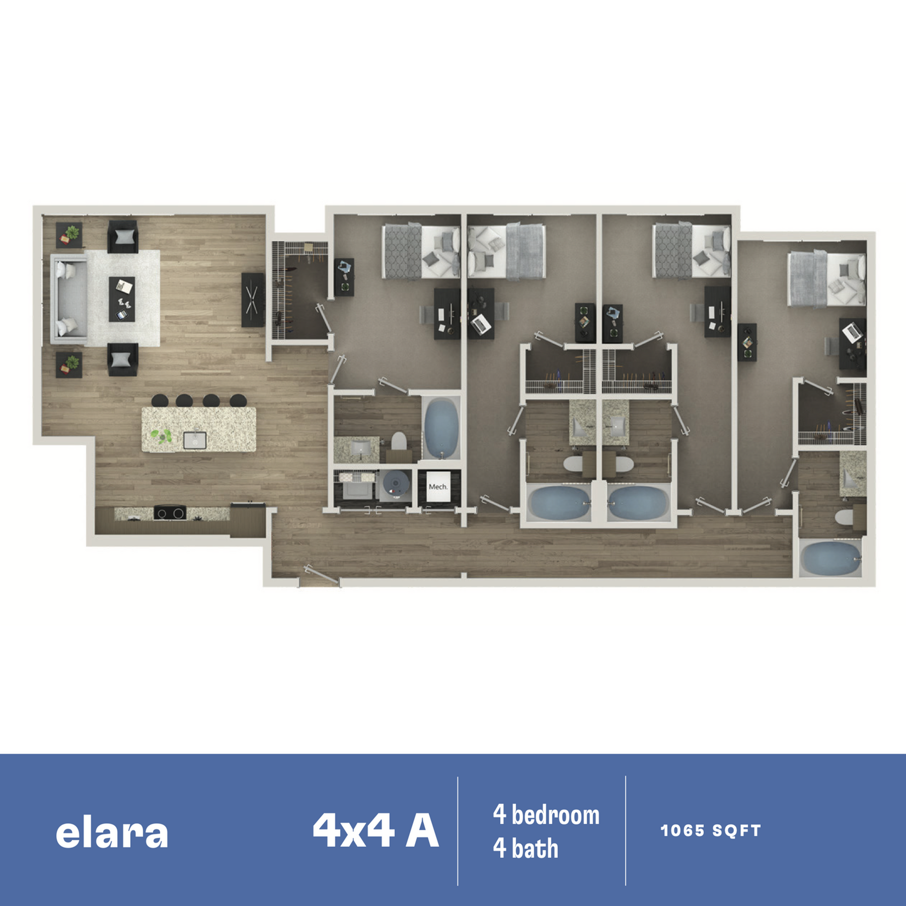 Elara 4x4 A floor plan showcasing 4 bedrooms and 4 baths in a 1065 sq ft layout, featuring a spacious living area and modern kitchen design.
