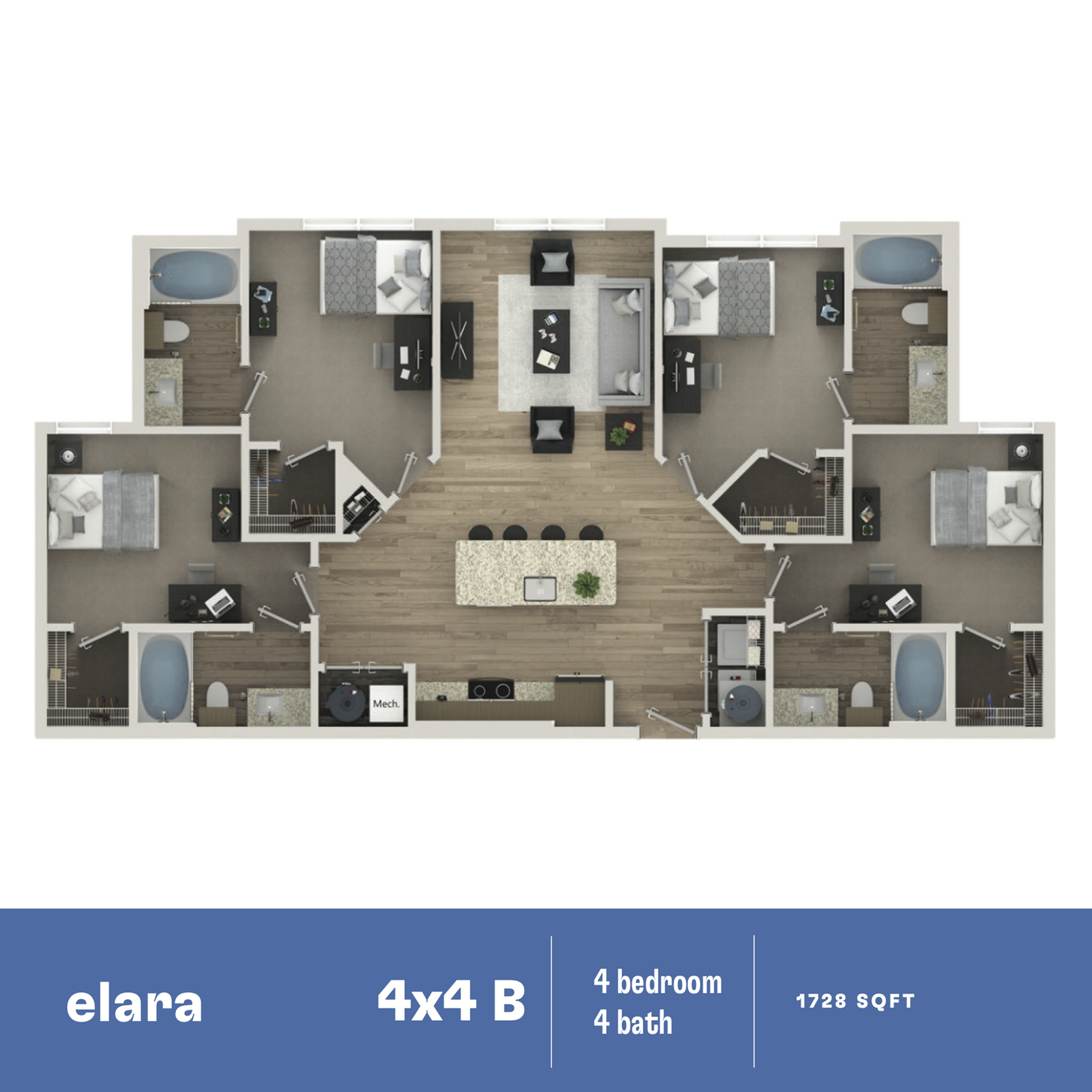 Elara floor plan with 4 bedrooms, 4 baths, open living area, and modern kitchen, 1728 sq ft.