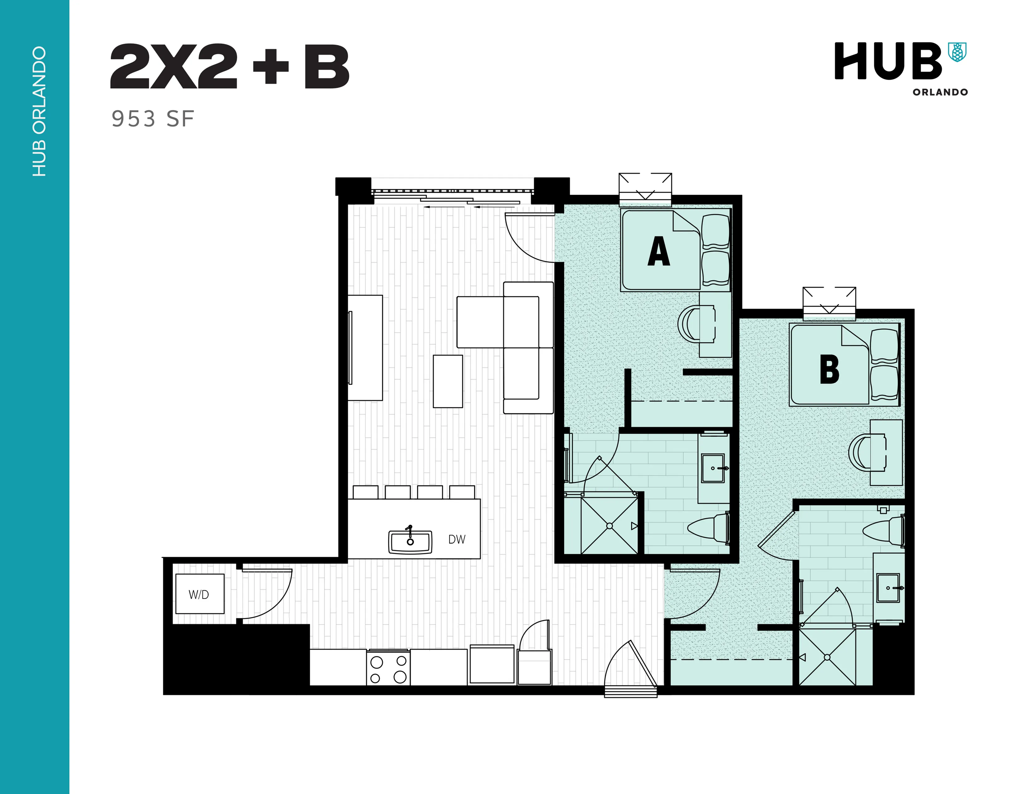 Contemporary 2D floor plan of a 953 sq ft apartment at Hub Orlando, featuring 2 bedrooms, an open living area, and a modern kitchen.