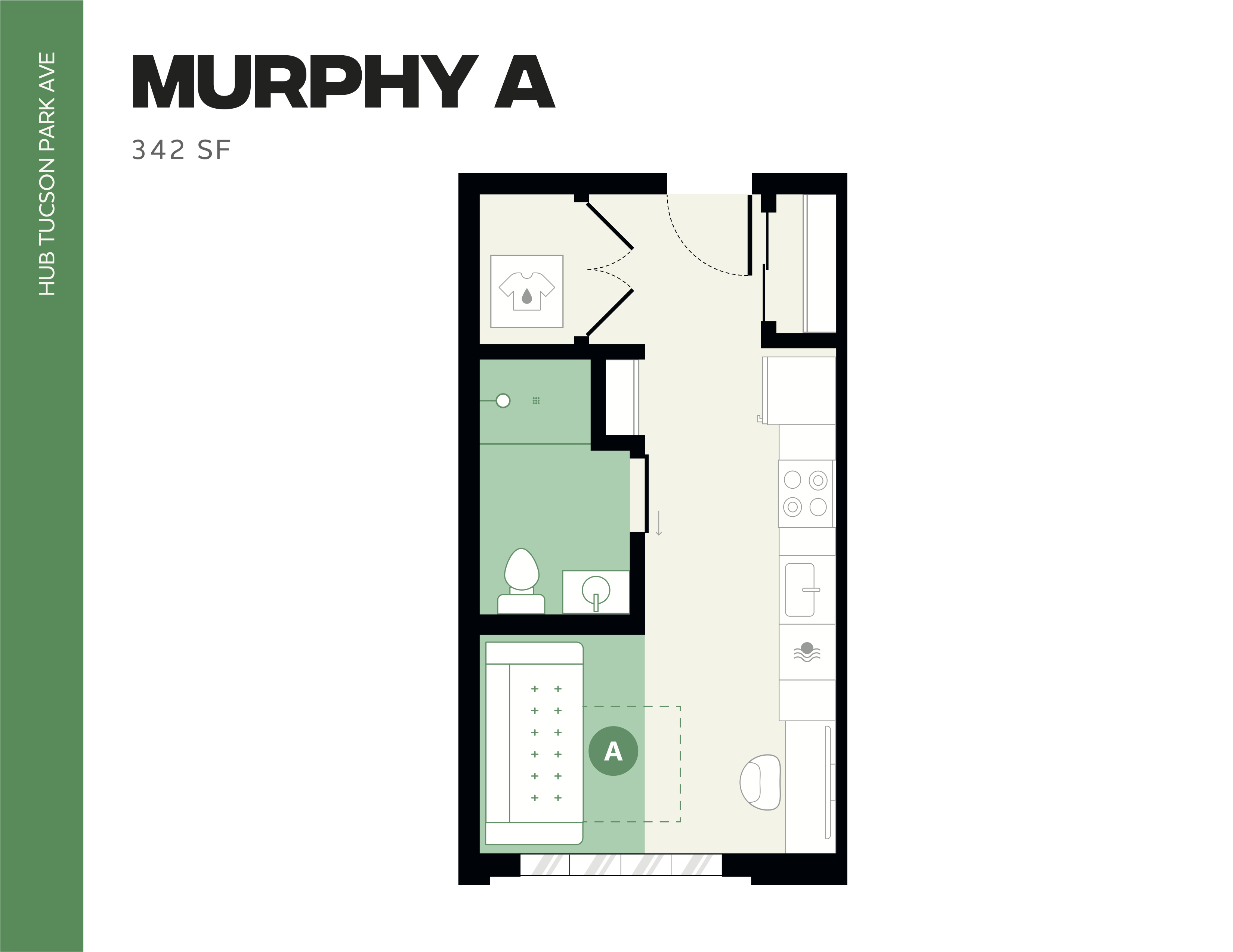 Compact floor plan for Murphy A at Hub Tucson Park Ave, showcasing an efficient layout with a cozy living space, functional kitchen, and modern bathroom in 342 sq ft.