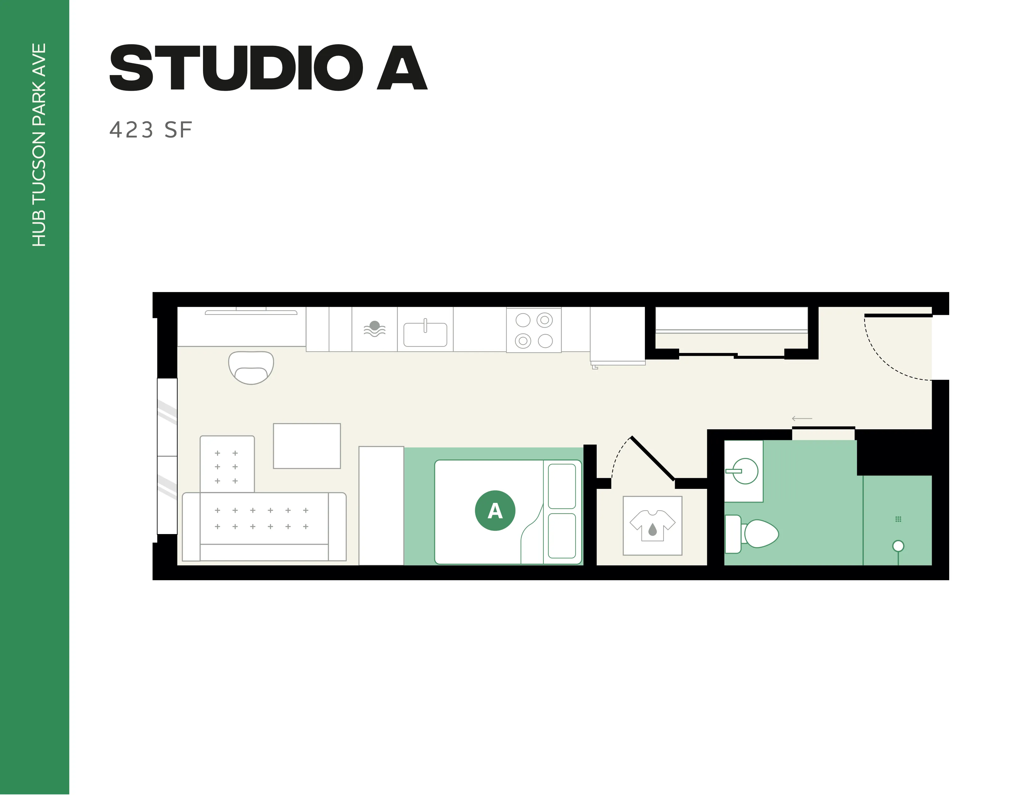 Modern Studio A floor plan featuring an open living area, kitchen, private bathroom, and bedroom space, 423 sq ft at Hub Tucson Park Avenue.