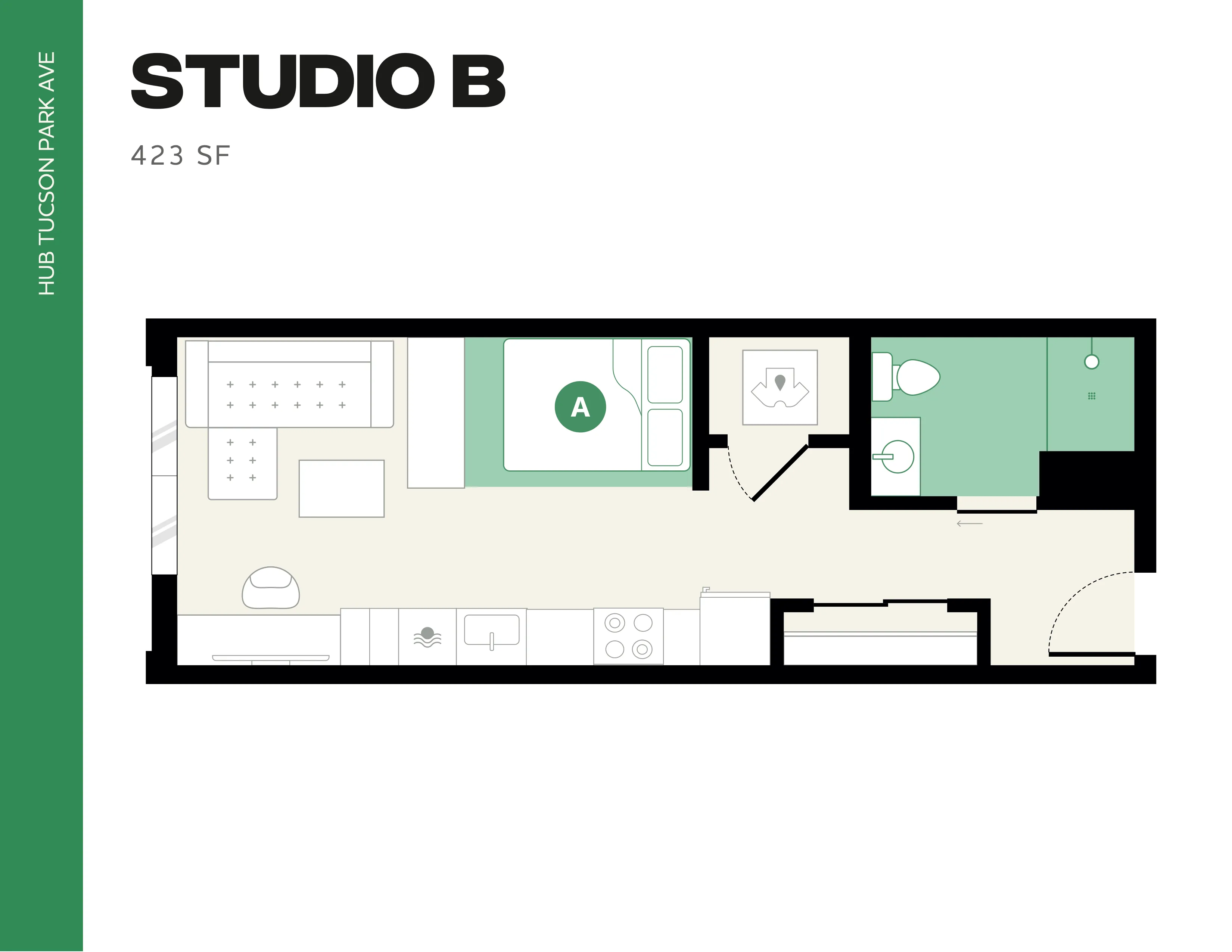 Modern Studio B floor plan at Hub Tucson Park Ave, 423 sq ft featuring a spacious living area, kitchenette, and bathroom.