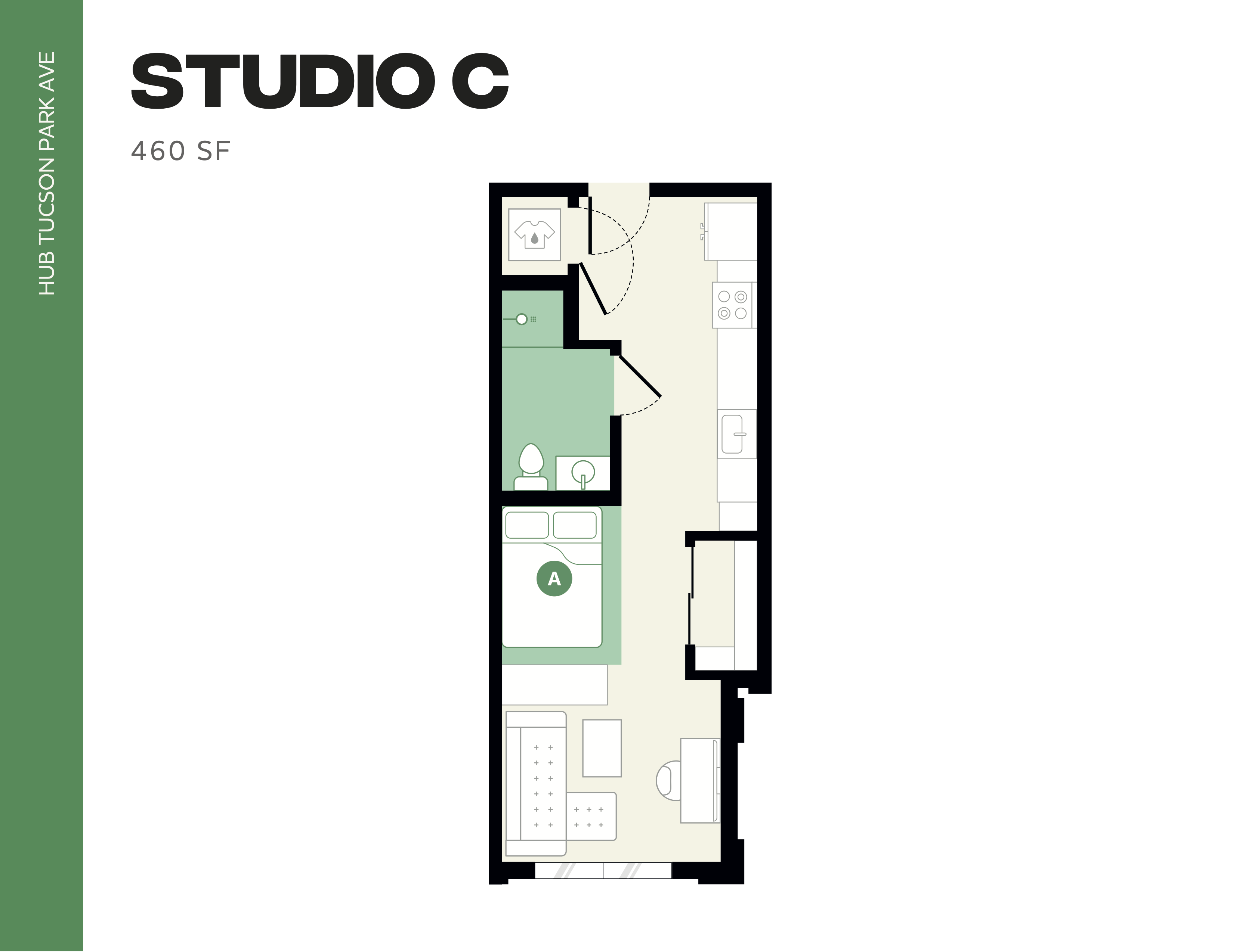 Efficient Studio C floor plan featuring 460 sq ft of modern living space, complete with an open kitchen, cozy sleeping area, and convenient bathroom at Hub Tucson Park Ave.