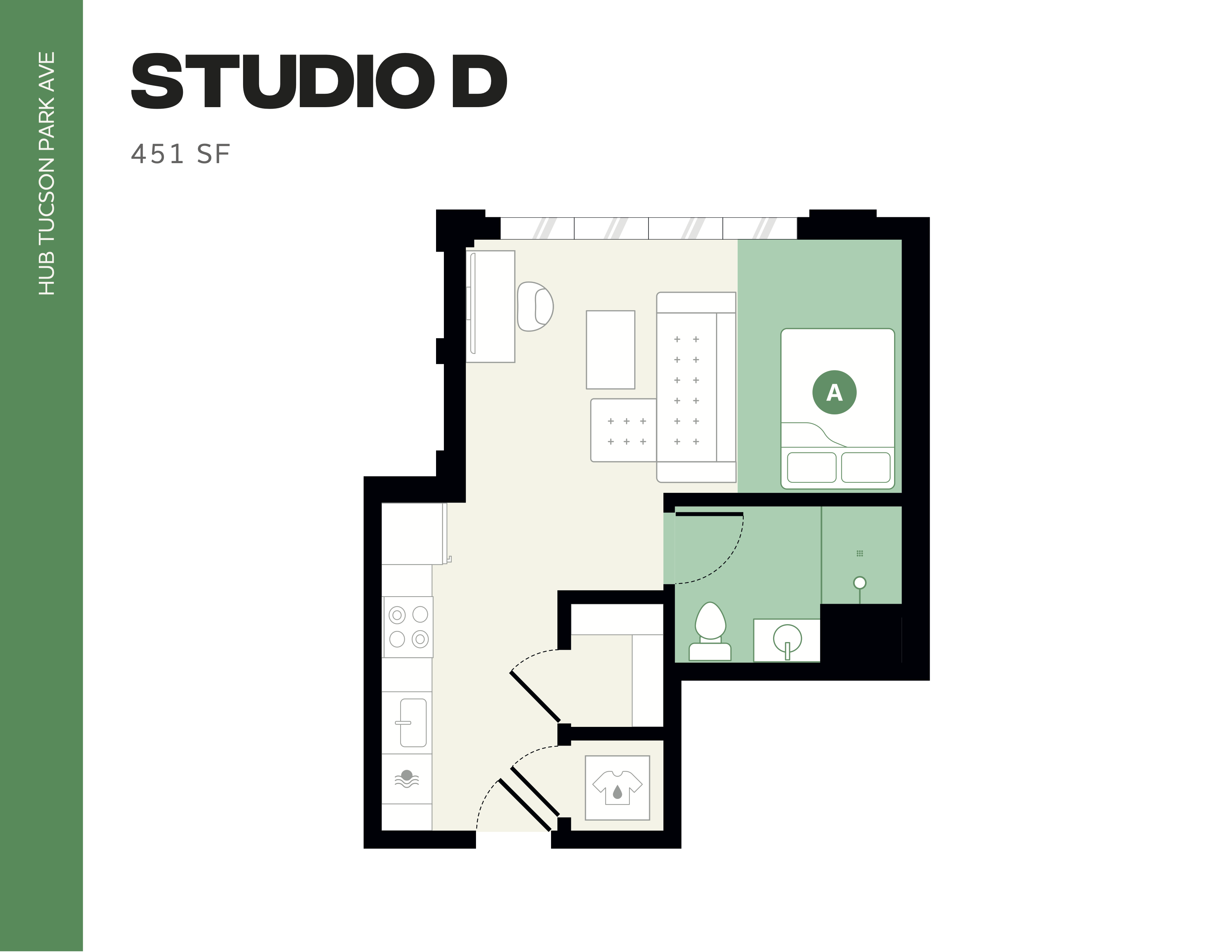 Efficient Studio D floor plan at Hub Tucson Park Ave, featuring 451 sq ft with modern amenities, cozy sleeping area, and integrated kitchen.