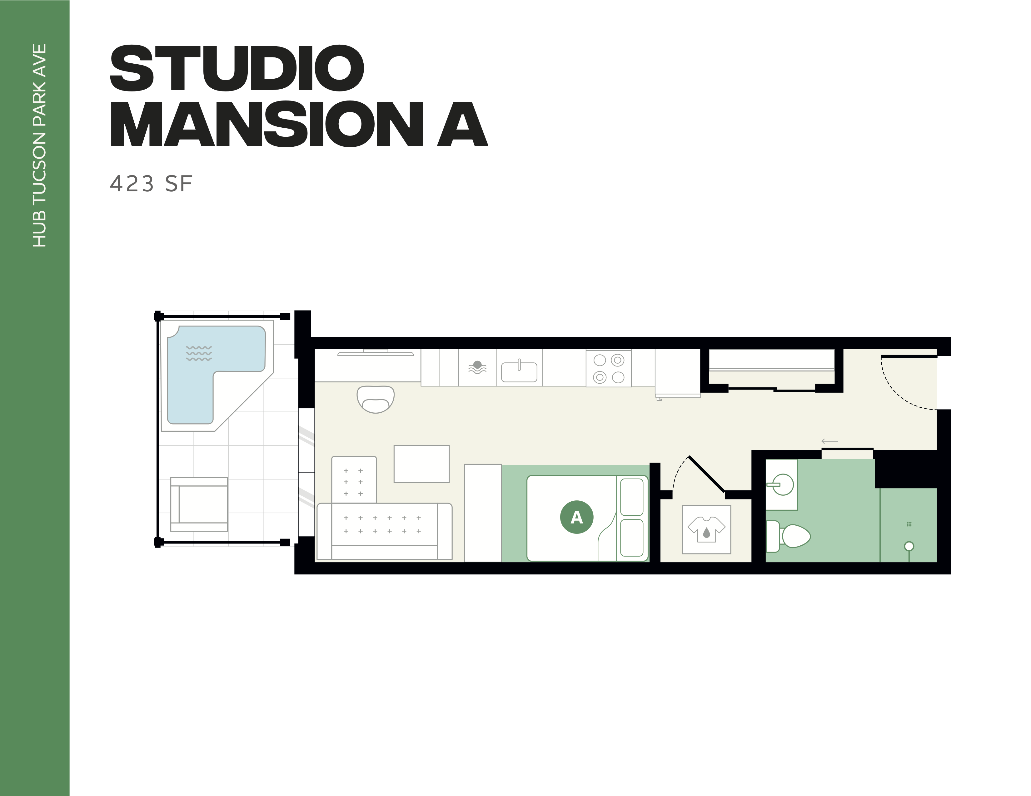 Chic Studio Mansion A floor plan at HUB Tucson Park Ave, 423 SF featuring a spacious open layout with cozy living area, modern kitchen, and stylish bathroom.