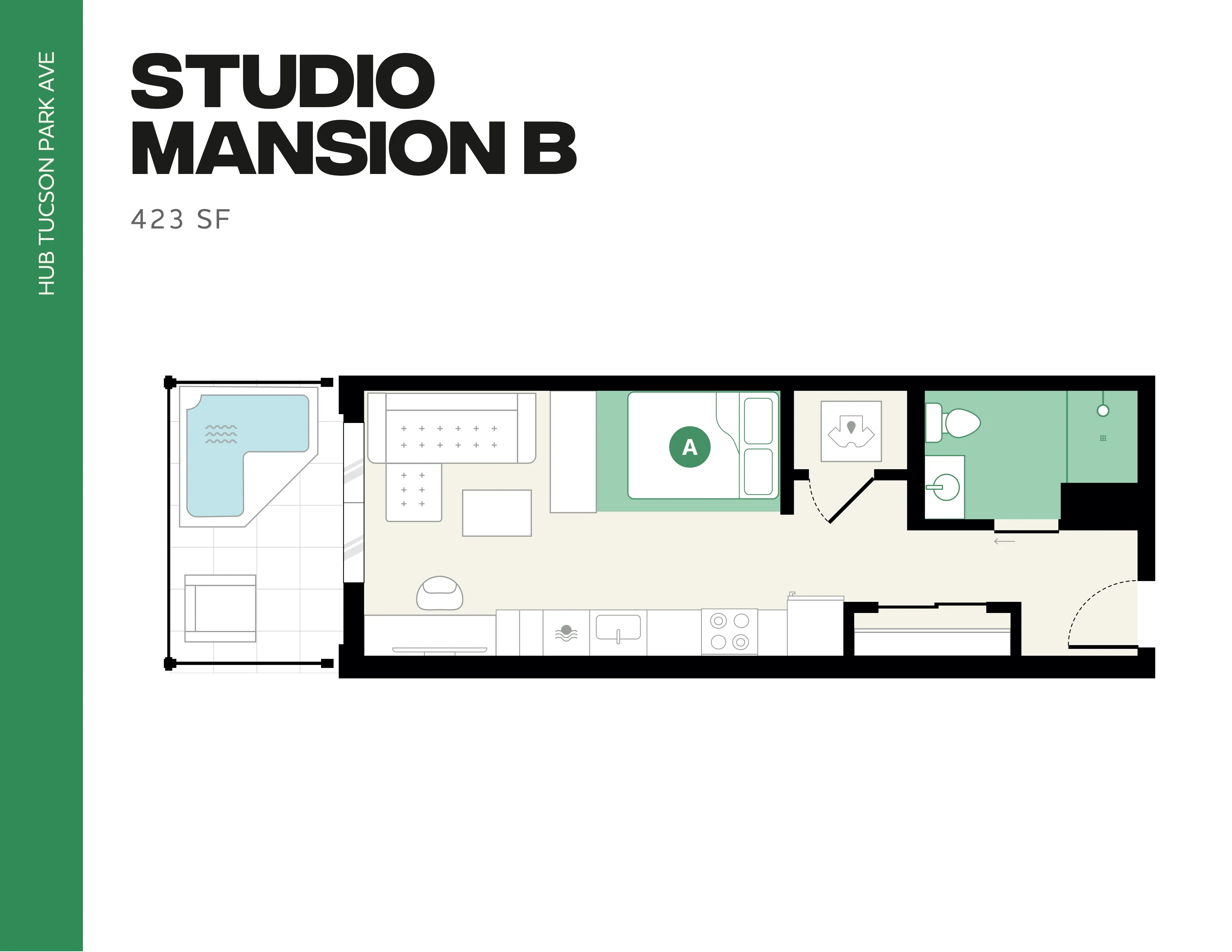 Chic studio floor plan 'Mansion B' with smart design featuring an open living area, modern kitchen, cozy bedroom, and stylish bathroom at Hub Tucson Park Ave, 423 sq ft.