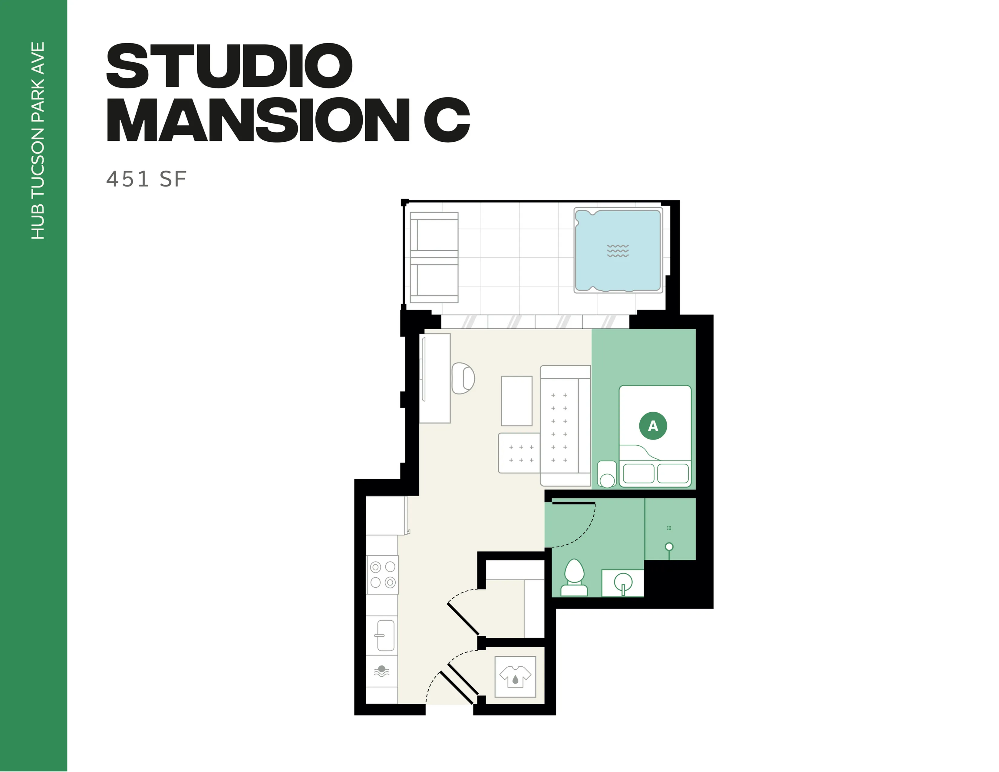 Contemporary Studio Mansion C floor plan with 451 sq ft, featuring a cozy living area, modern kitchen, and spacious bathroom at Hub Tucson Park Ave.