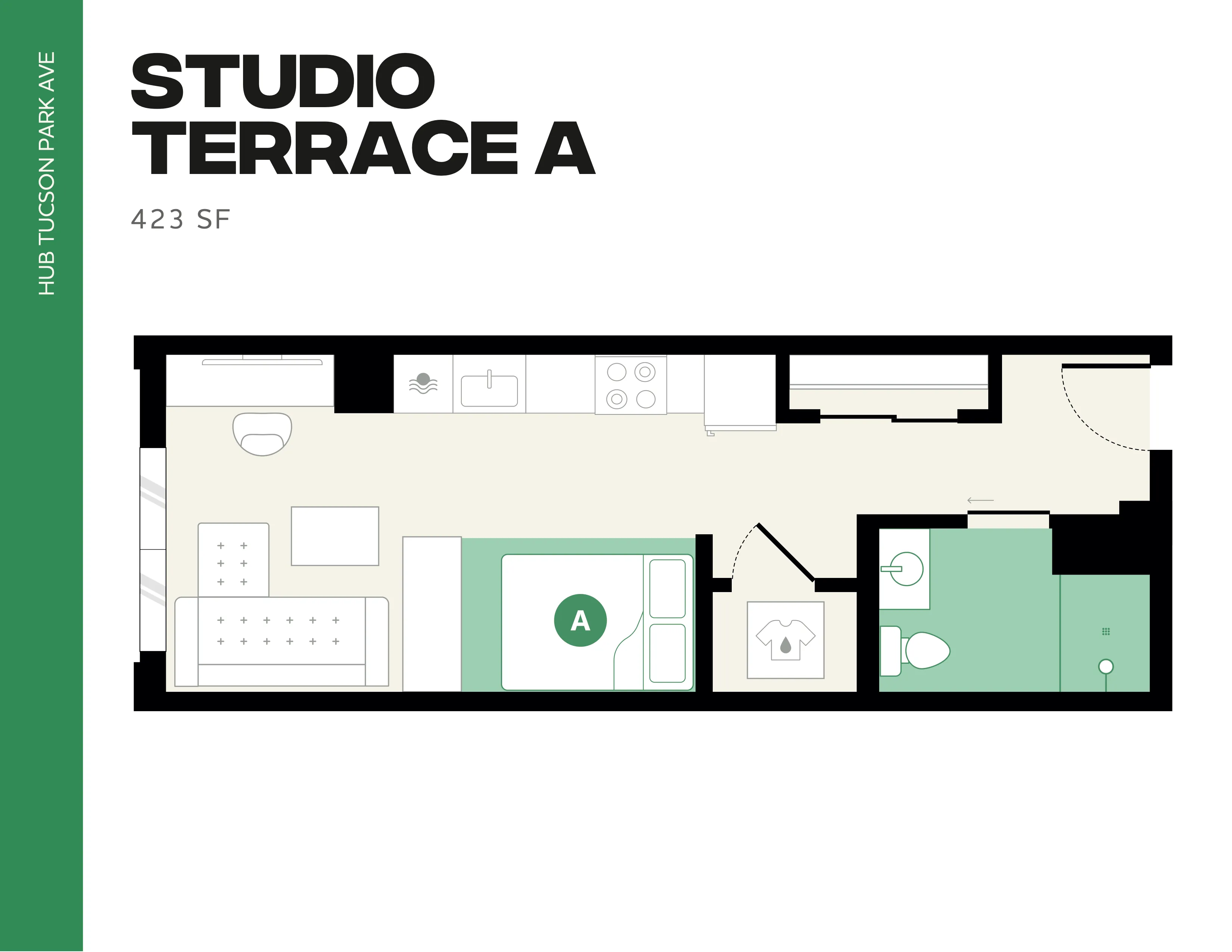 Modern floor plan of Studio Terrace A, featuring an open layout with integrated living and sleeping areas, compact kitchen, and bathroom, spanning 423 square feet.