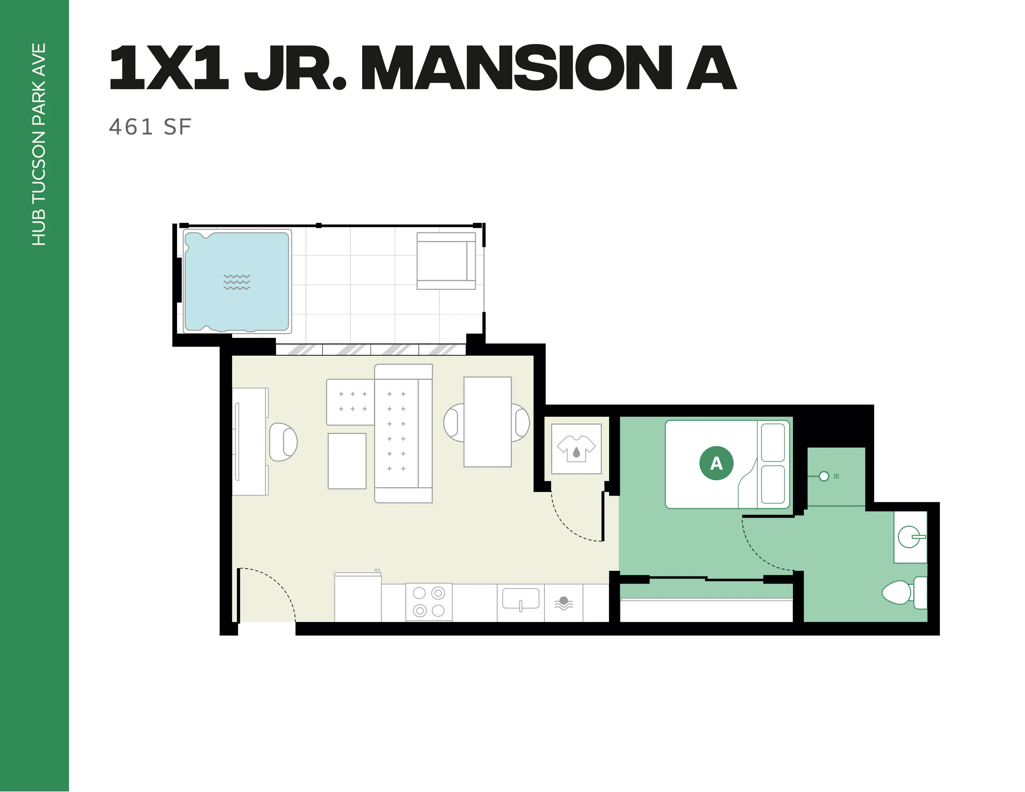 Modern 1X1 Junior Mansion floor plan featuring a cozy 461 sq ft layout with a bedroom, open living area, compact kitchen, and elegant bathroom at Hub Tucson Park Ave.