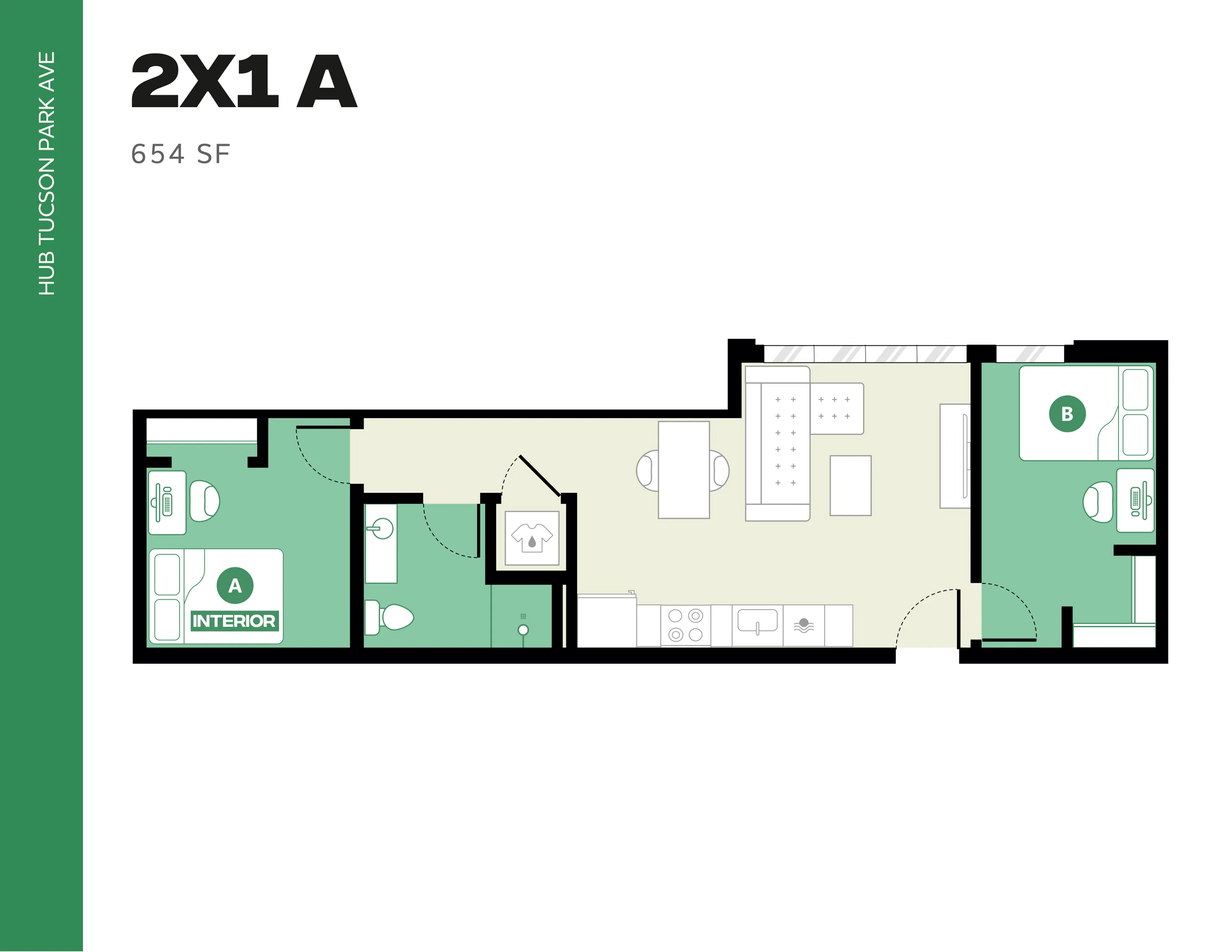 Modern floor plan at Hub Tucson Park Ave featuring 2 bedrooms, open living space, kitchen, and bathroom, 654 sq ft.